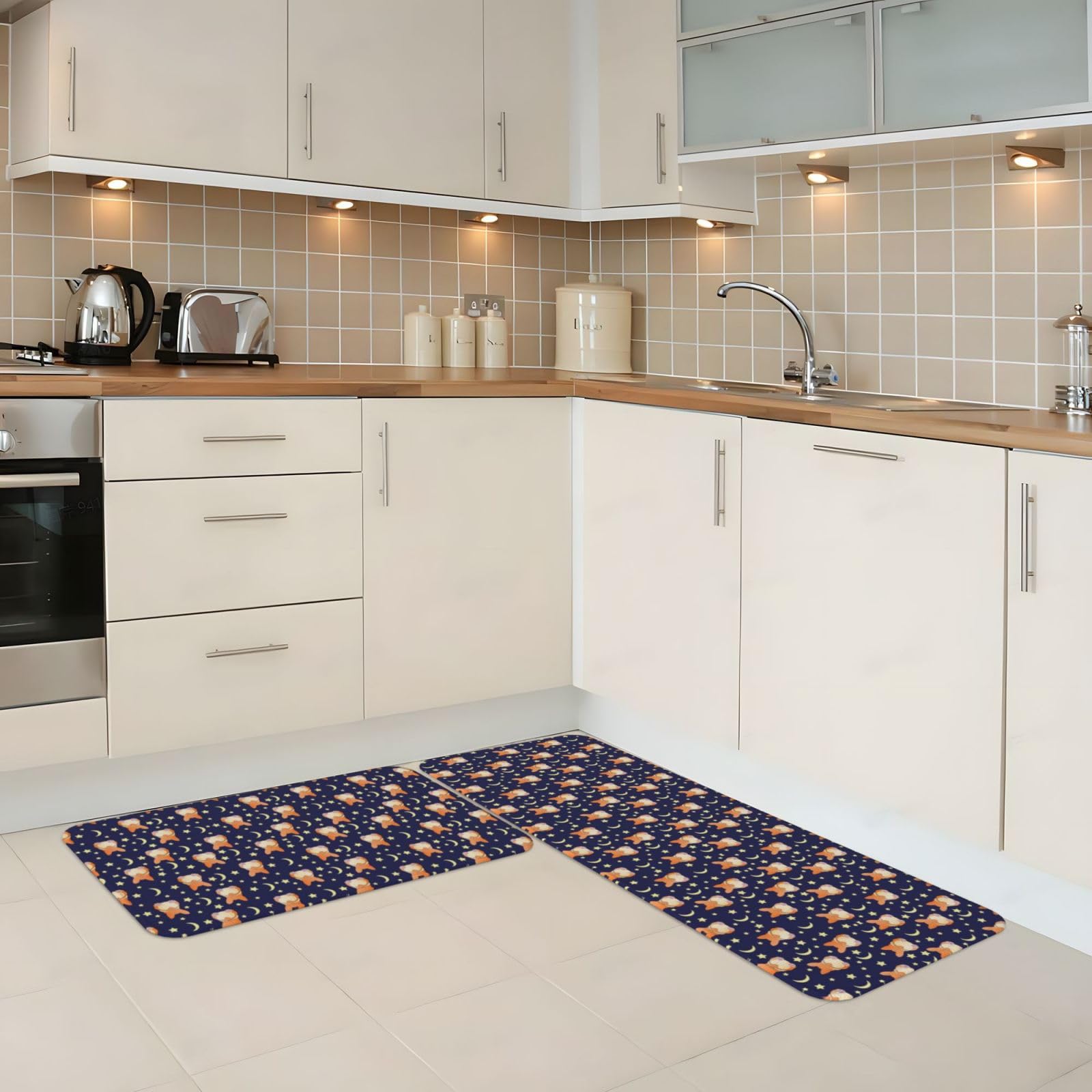 Corgi Küchenmatte mit Monden und Sternen liegend für Boden, Bauernhaus, Küchenteppich, 2er-Set, rutschfeste Küchen-Bodenmatte für Waschbecken, Wäsche, Büro, Zuhause, Schreibtisch, 43,2 x 129,2