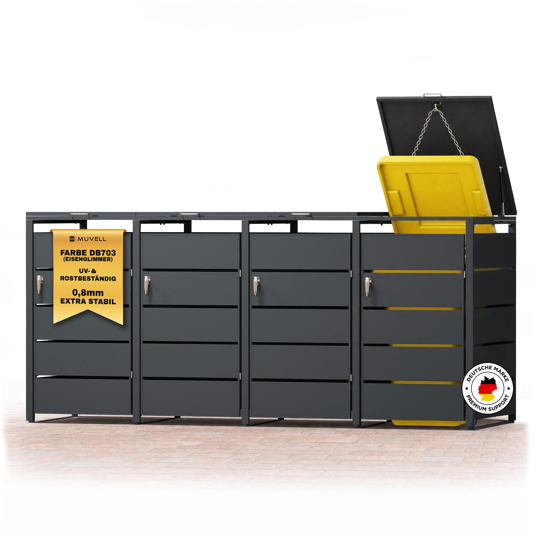 Mülltonnenbox 4er 240l & 120l Müllbox - 0,8 mm feuerverzinktes Metall - Eisenglimmer DB 703 Premiumfarbe Mülltonnenboxen - abschließbare wetterfest Mülltonnenverkleidung
