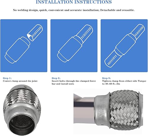 Miniatura 7 de RP Remarkable Power, Paquete de 2 tubos flexibles de escape de entrada de 1.75 pulgadas, tubo de escape flexible de 1.75 pulgadas de diámetro