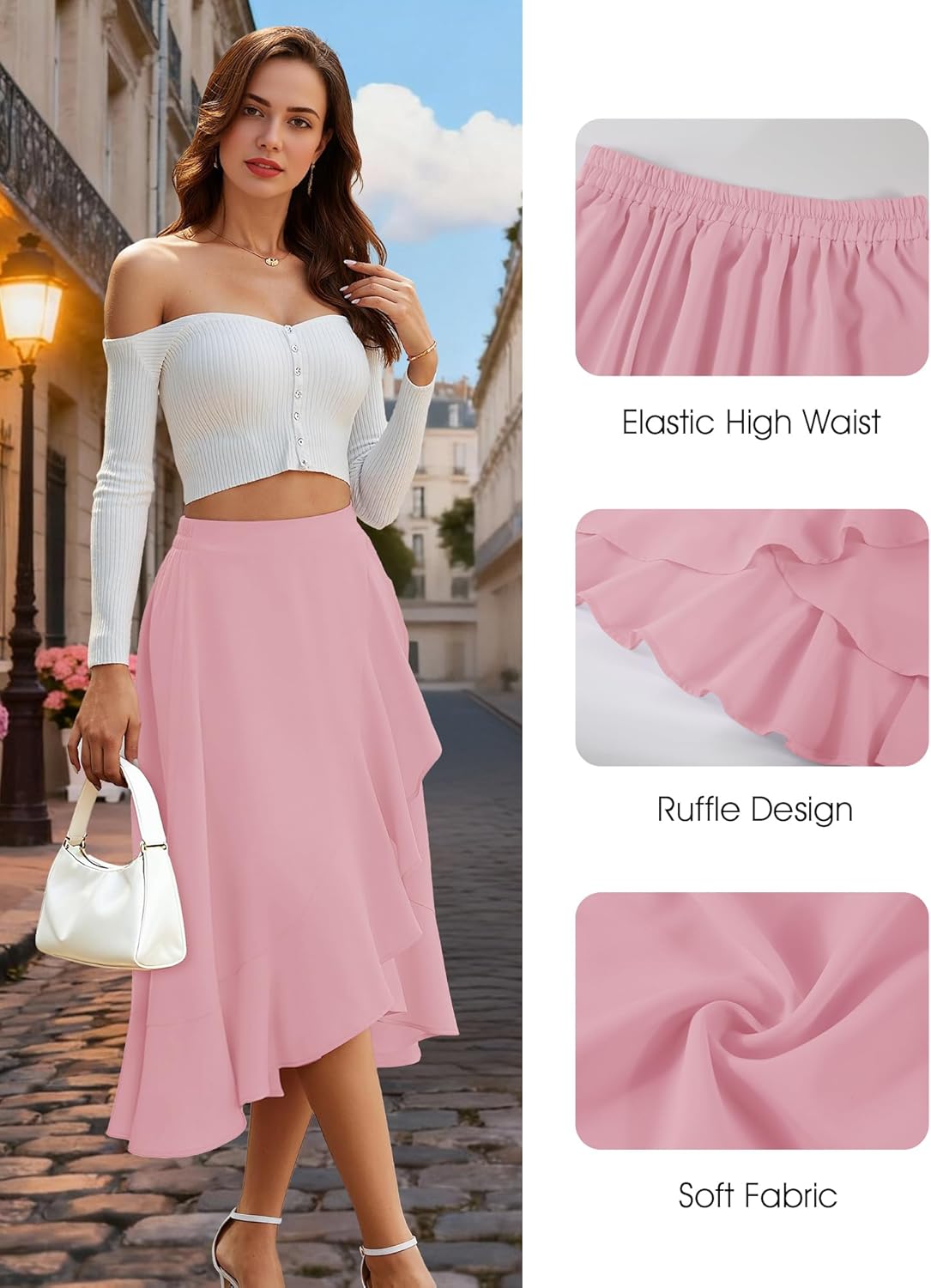 Women Midi Skirt Ruffle 2025 Skirts Flowy Elastic Waist Chiffon Casual Split Long Skirt with Lining - Image 5