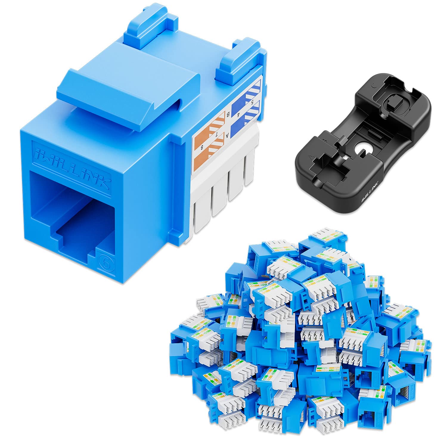 iwillink Paquete de 50 conectores Keystone Cat6 y soporte perforado, juego de conectores Keystone Ethernet RJ45, adaptador modular UTP de 90 grados, azul