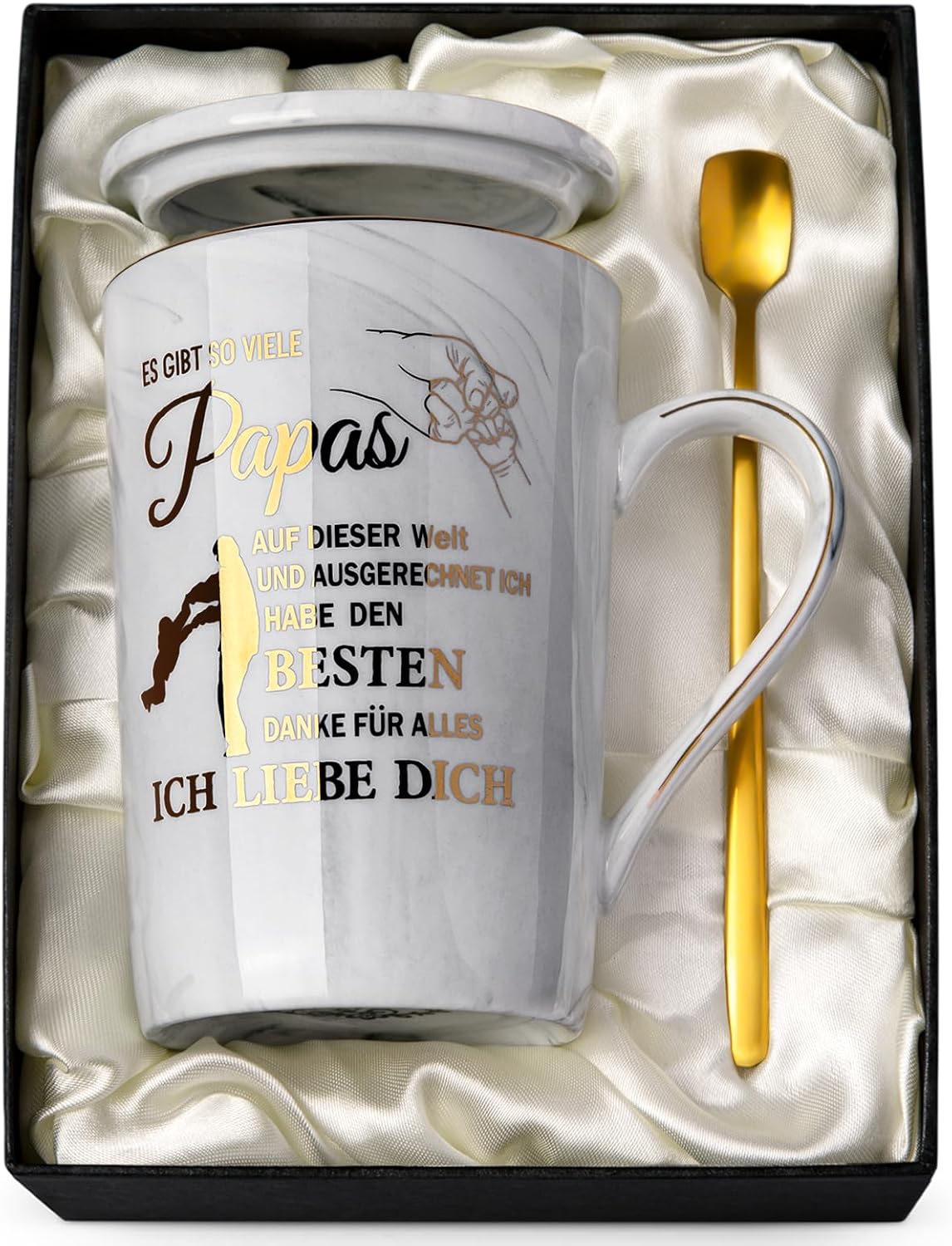 Dad Gift for Birthday Father's Day Best Father's Day Gift for Dad 400 ml Grey Marble Mug with Elegant Gold Print Dad Gifts Cup with Lid Spoon Greeting Card Elegant Gift Box