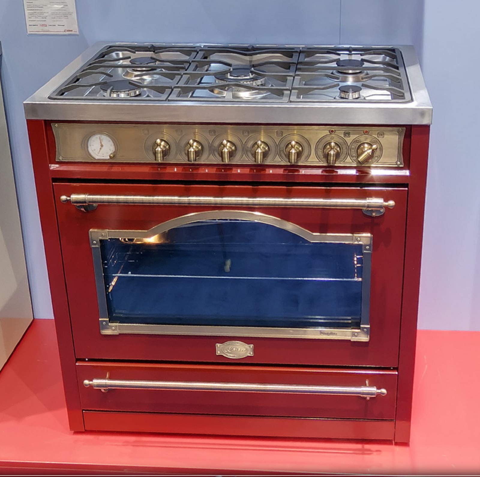Kaiser Empire HGE 93555 RotEm czerwona/retro gazowo-elektryczna kuchenka wolnostojąca 90cm/ kuchenka typu range/ 115L / kuchenka z płytą grzejną gazową/ 4,5 kW WOK/piekarnik elektryczny /8 funkcji