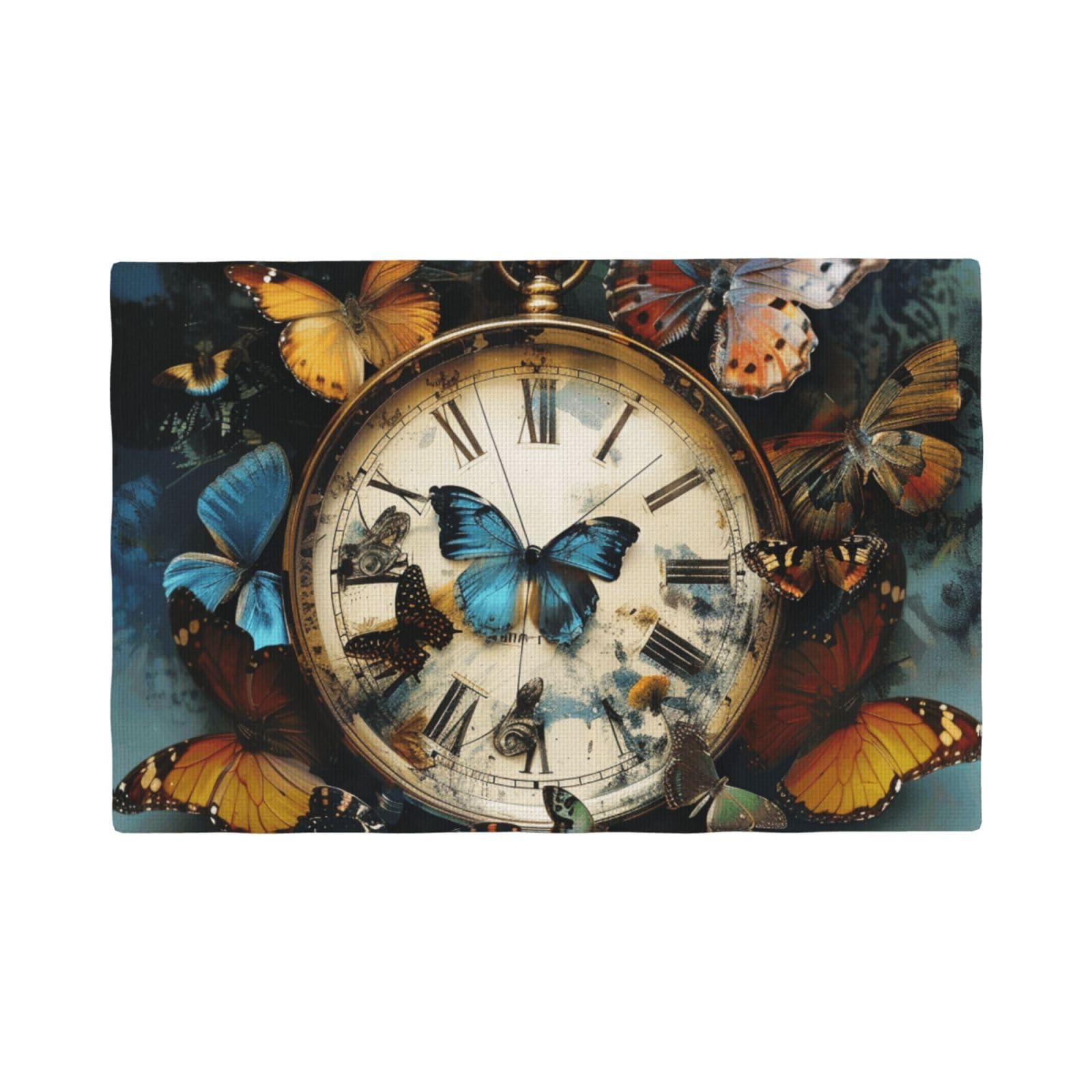Butterfly clocks Print Placemats Set, Heat Resistant Washable Placemat 12x18in Table Mats for Party Kitchen Dining Table Decoration Indoor Outdoor, Four Pieces