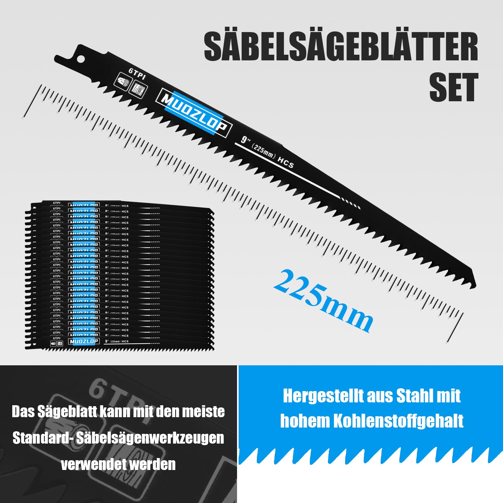 Lot De 6 Lames De Scie Sabre Pour Bois – 225 Mm, 5 TPI, Coupes Rapides, Compatibles Nombreuses Marques