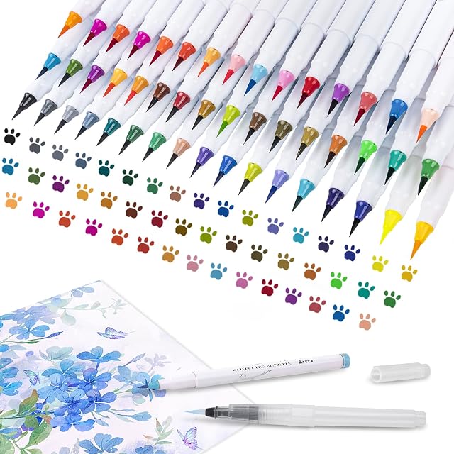 Watercolor Brush Pens, Arrtx 48 Colors Real Brush Pens with 2 Water Brushes, Flexible Nylon Brush Tips, Art Supplies for Artists, Beginners, Caligraphy, Coloring, Blending, Illustrating.