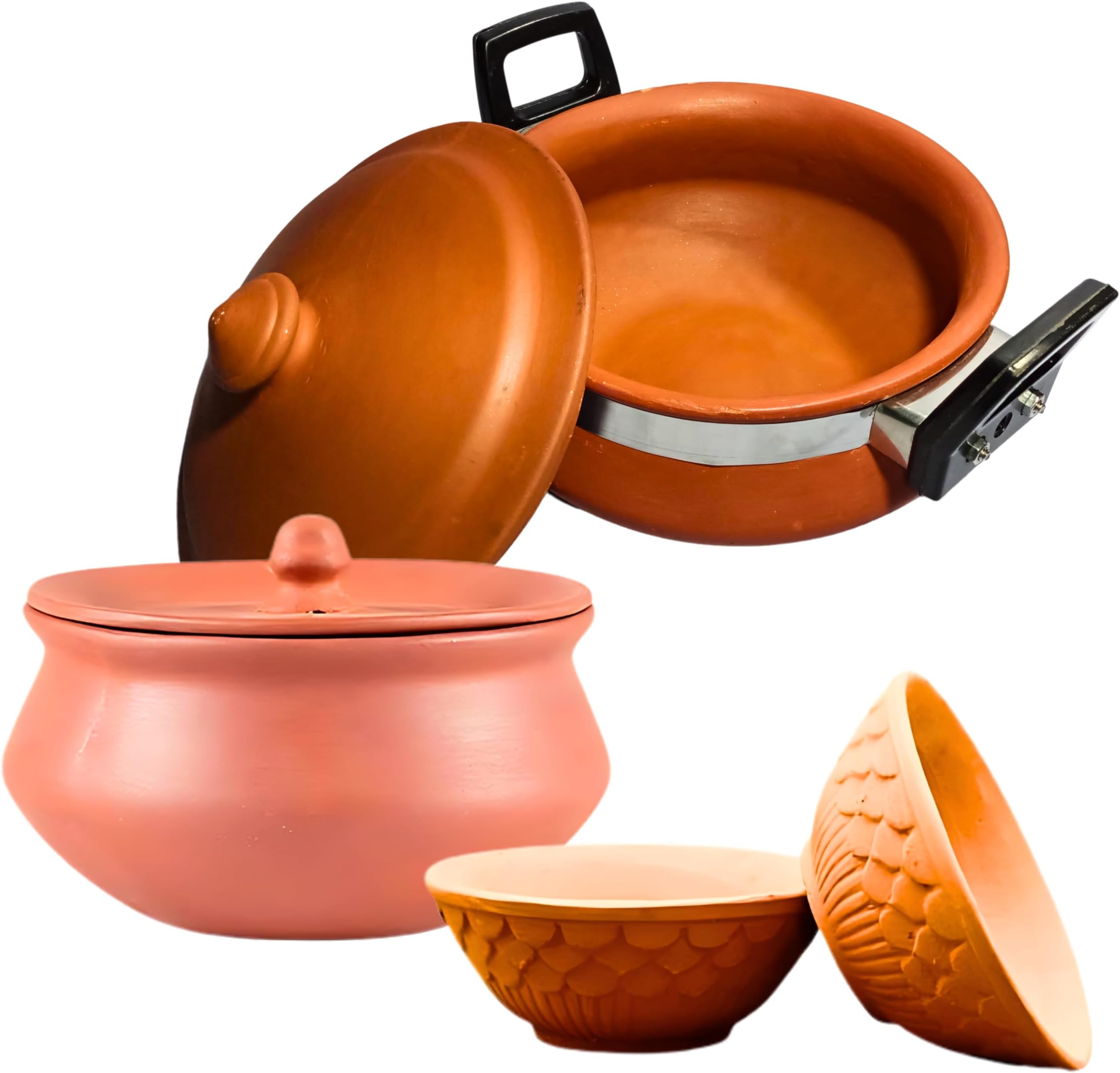 Made in India Clay Cooking Handi Set, 2 Ltr Handi, 500Ml Dahi Handi, 2 Clay Bowls | Exclusive Range Unglazed Clay Handi/Clay Pot for Cooking & Serving with Lid | Earthen Kadai,Brown