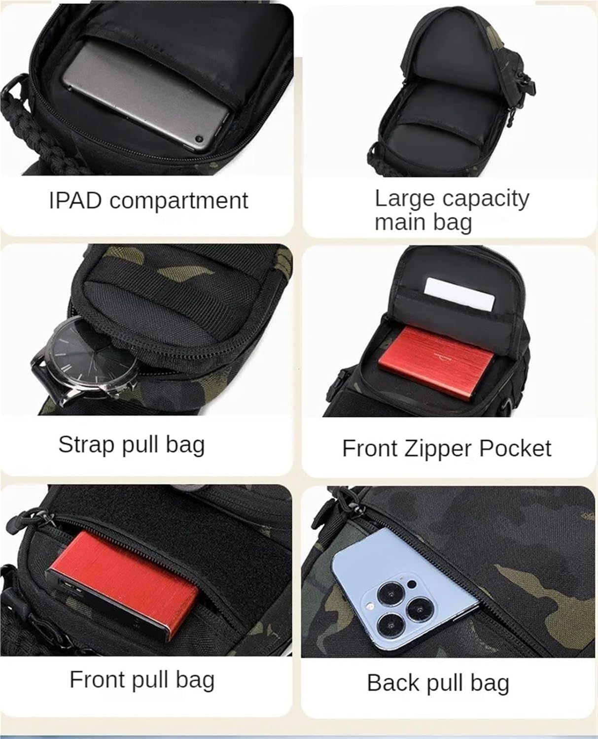 Men's Fishing Chest Bag Tactical Sports Shoulder Fanny Pack Camping Cycling MOLLE Sling Bags EDC(Black)