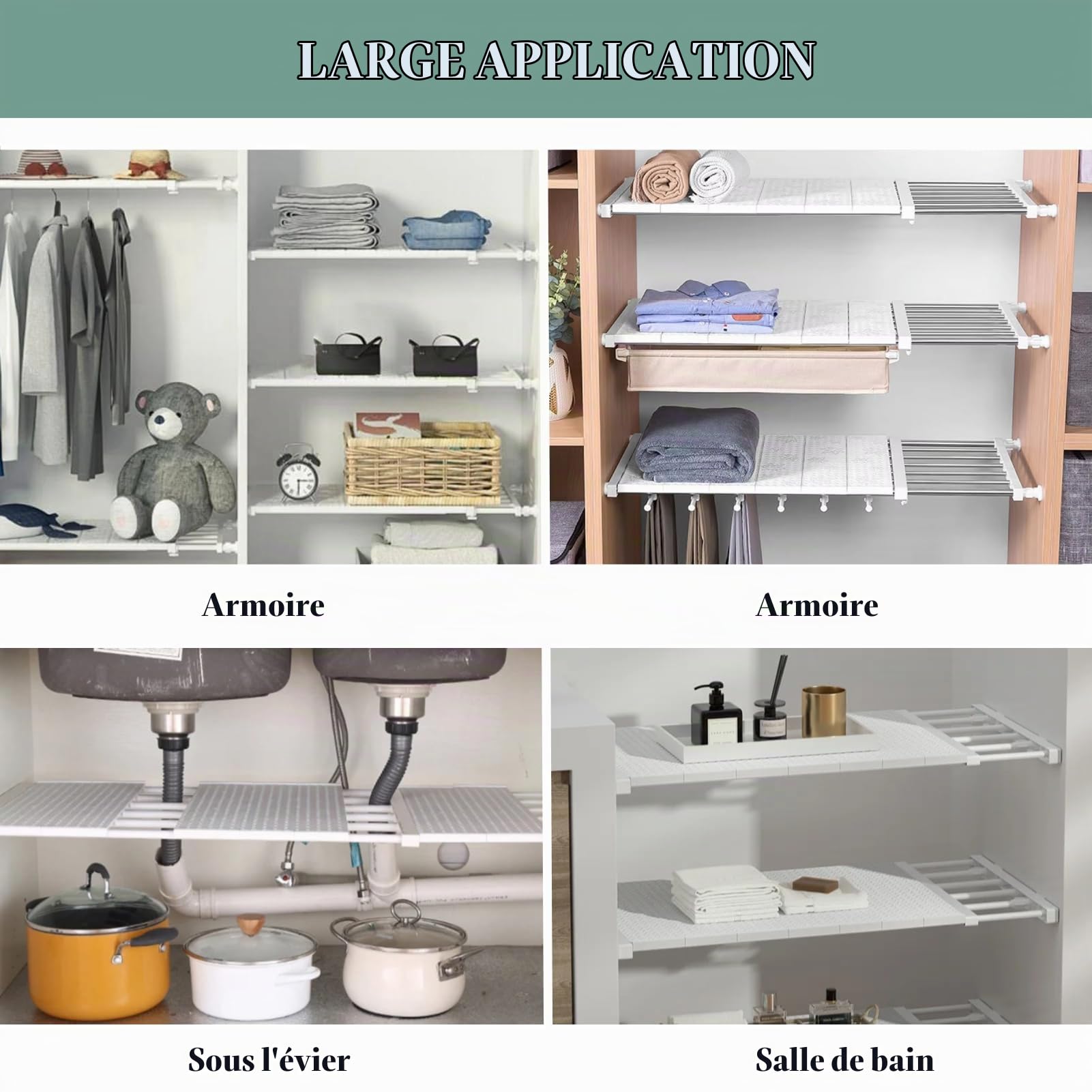 Mumusuki Étagère de Rangement Extensible pour Placard à Vêtements, Diviseurs de Garde-robe Réglables, Séparateur de Tension pour Armoire, Armoire, Salle de Bain, Cuisine, Bibliothèque