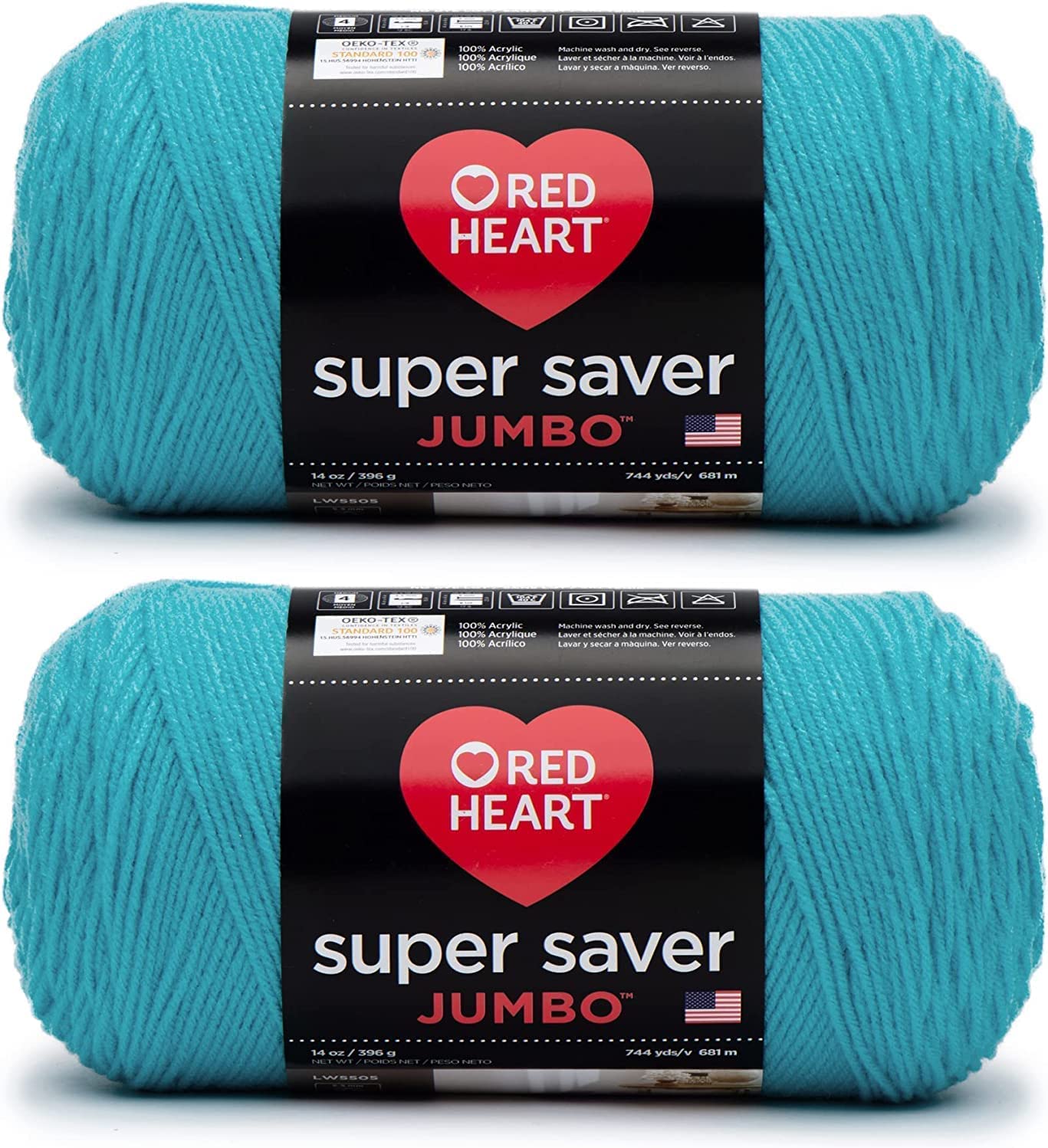 Red Heart Super Saver Jumbo Turqua Yarn - 2 Pack of 396g/14oz - Acrylic - 4 Medium (Worsted) - 744 Yards - Knitting/CrochetOEKO-TEX STANDARD 100