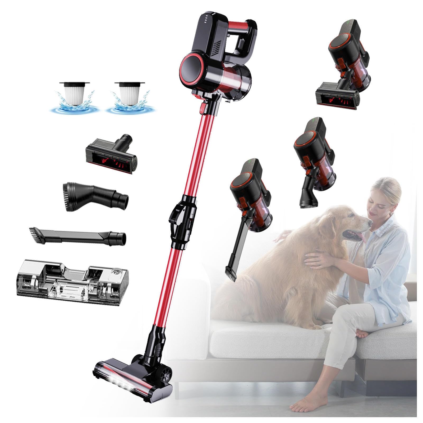 Aspiradora Fregona Sin Cable 5 in 1 Menor Ruido,Luces LED,Depósito 200 Ml, Escoba Electrica Sin Cable Aspirador Escoba para Mascotas/Alfombras/Coche/Suelos Duros/Cama