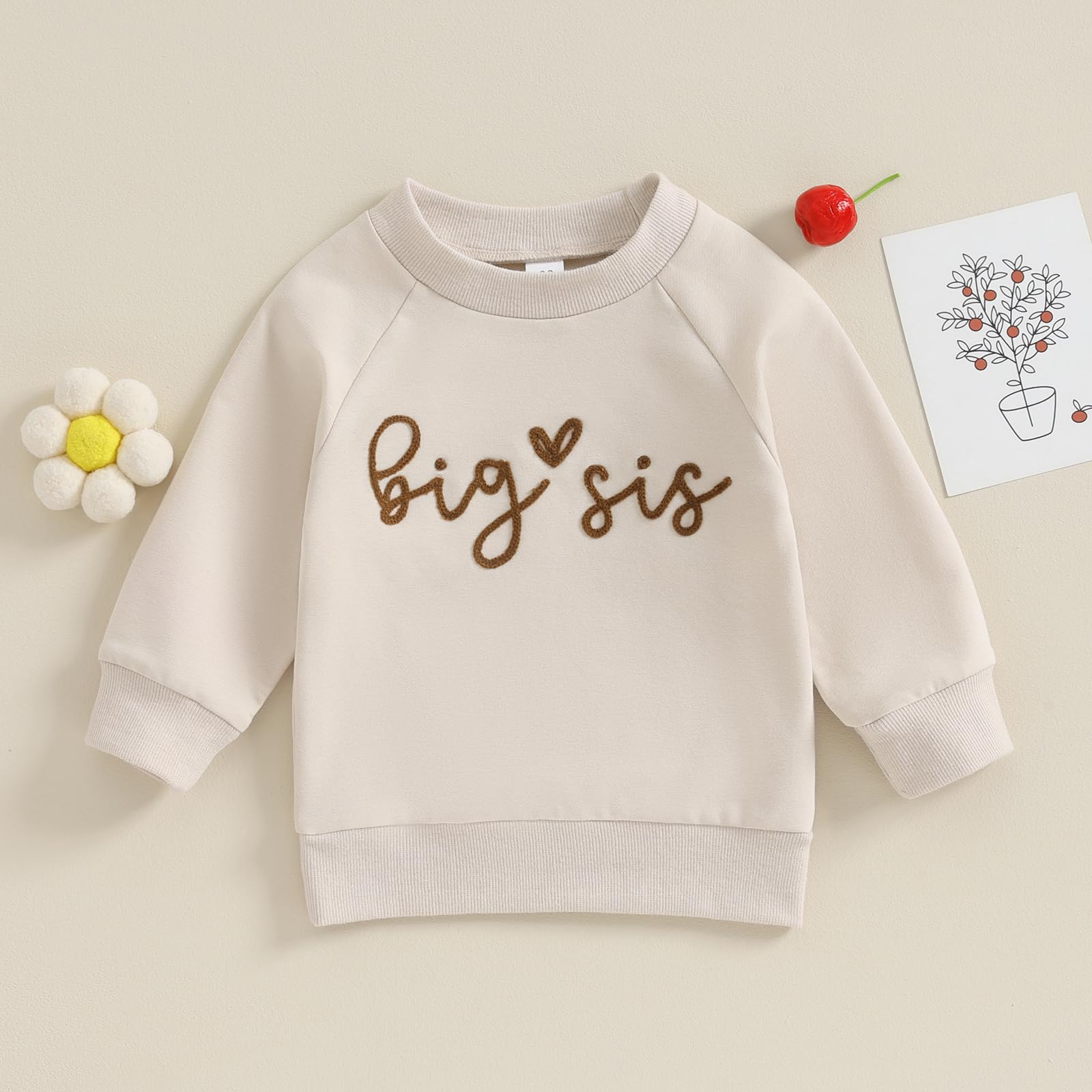 YINGISFITM Toddler Baby Girl Clothes Long Sleeve Pullover Sweatshirt Romper Fall Winter Cute Sister Brother Matching Outfits (Bigger Sister Sweatshirt Beige, 18-24 Months)