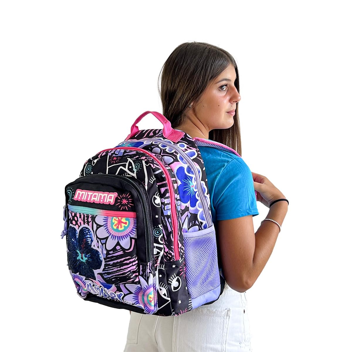 Mitama Zaino Triplo Scomparto Flower Fashion con Tasca frontale, Viola e Nero, Scuola Elementare e Tempo Libero, Bambina Ragazza