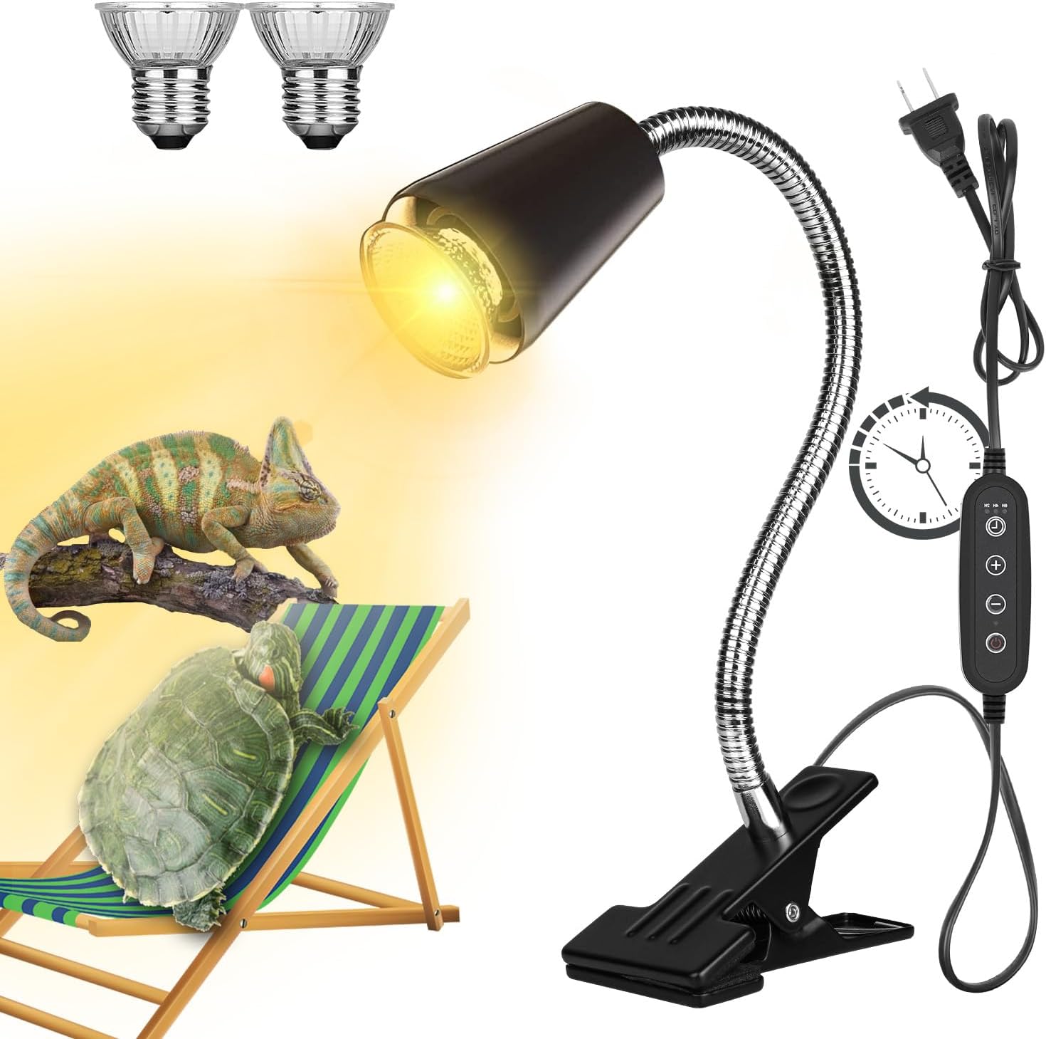 Dallfoll Reptile Heat Lamp, UVA UVB Reptile Timing Heat Lamp, with 360°Rotatable Swivel and Clamp, Heating Lamp for Turtle, Lizard, Bearded Dragon