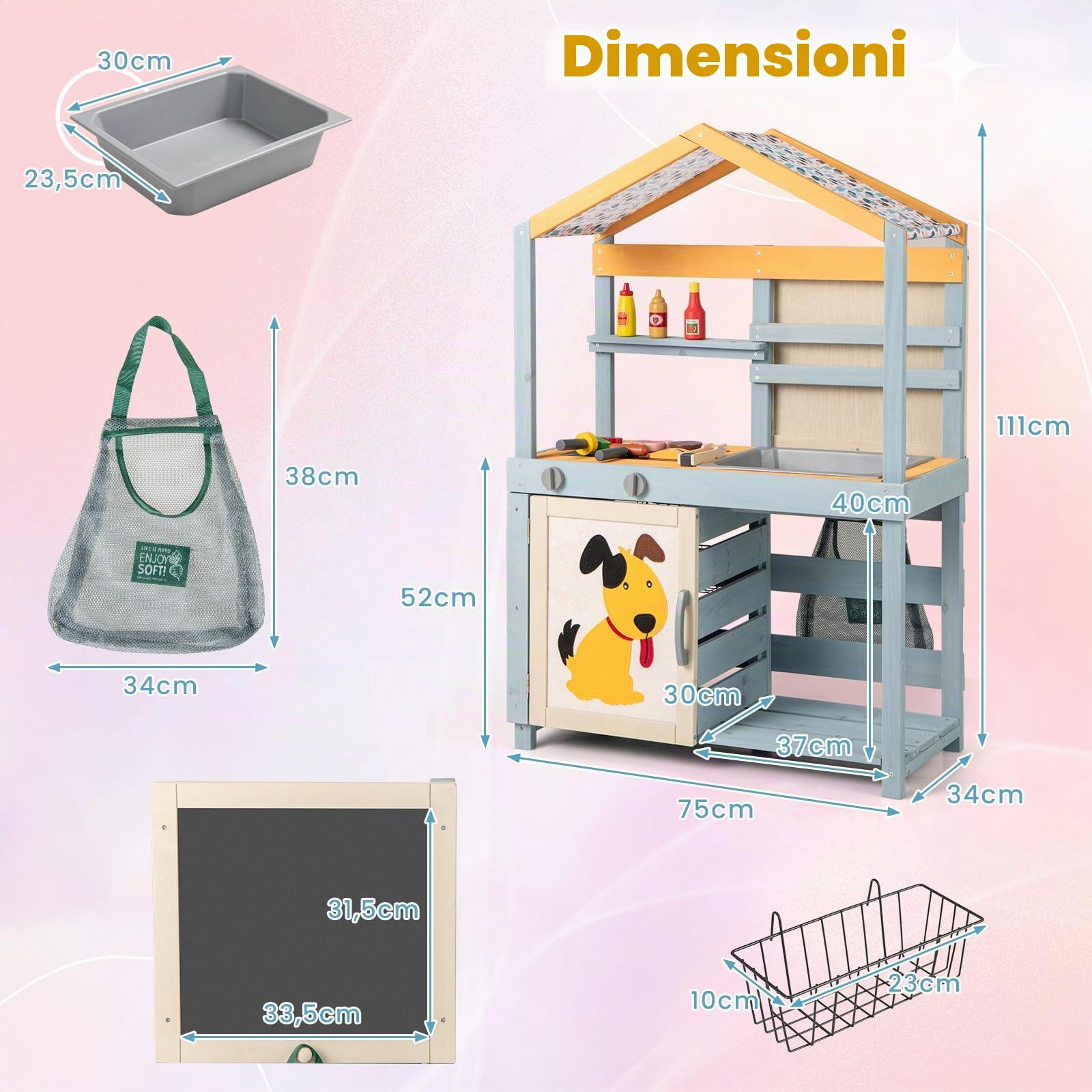 HOMASIS 3 in 1 Cucina a Doppia Faccia da Giardino per Bambini, Cucina in Legno con BBQ, Lavagna, Lavandino, Cucinetta per Bambini dai 3+ Anni, 75 x 34 x 111 cm