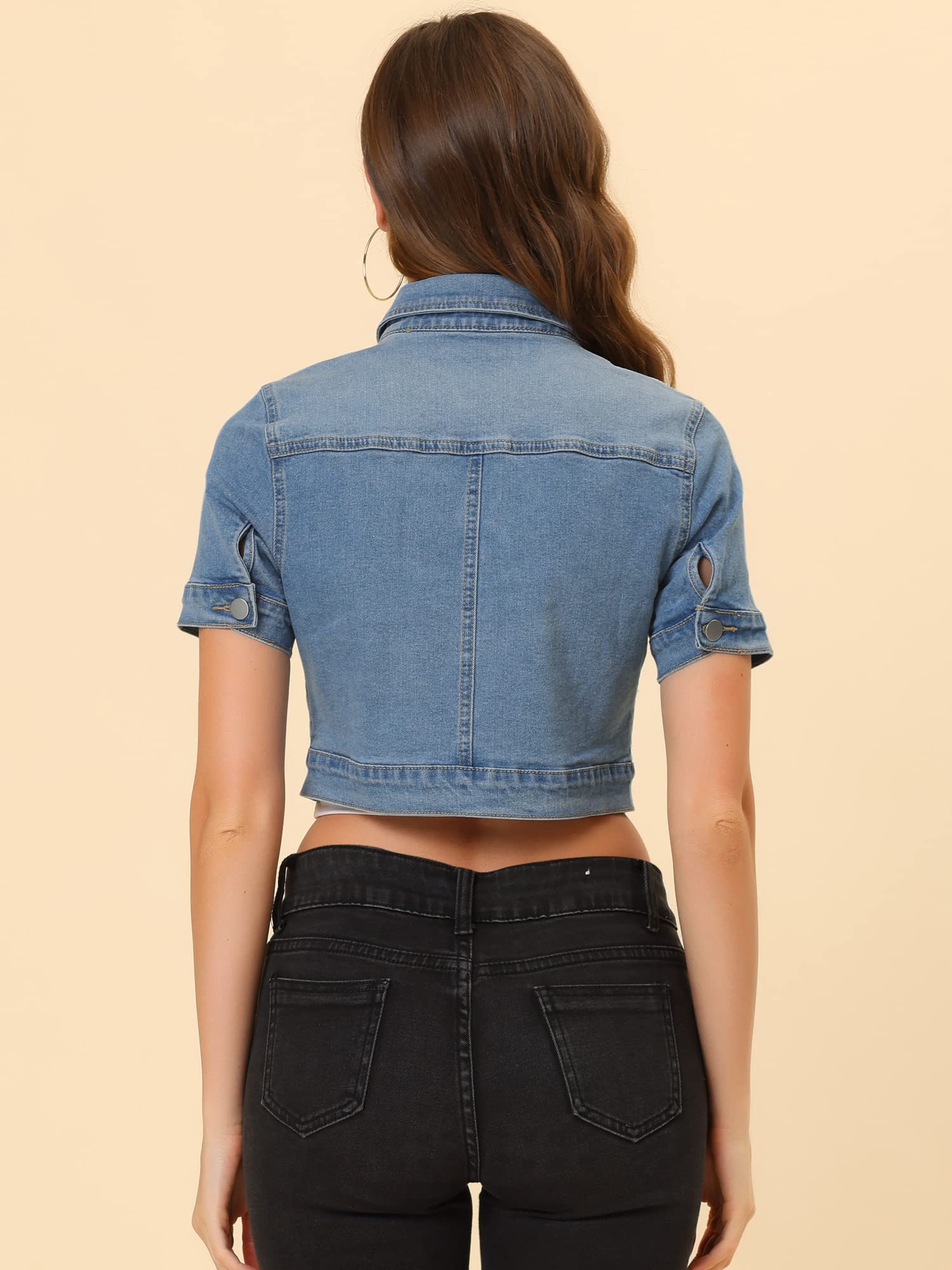 Allegra K Damen Jeansjacke Kurzarm Kurz Cropped Jeansjacken Knopfleiste Crop Jacket Kurze Denim Jacke