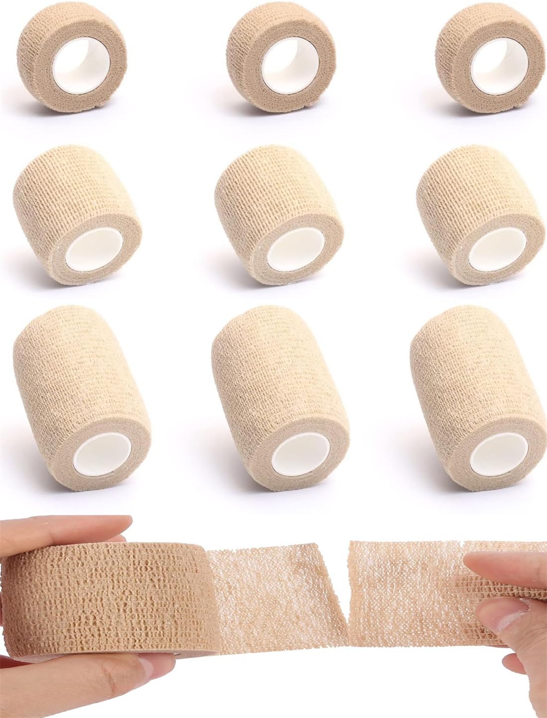 Self Adaptive Bandage Wrap, Elastic Breakable Cohesive Medical Tape Gauze, Bandage for Stretch Athletic, Sports Injury, Wrist, Ankle, Tatoo Wrap, 9 Pack, 3 Different Size, Skin Color