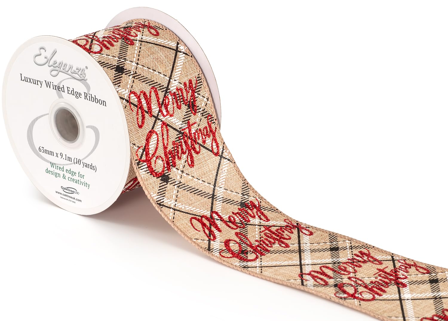 663220 Eleganza Wired Edge Burlap Merry Christmas Tartan No.430 63mm x 9.1m Red White