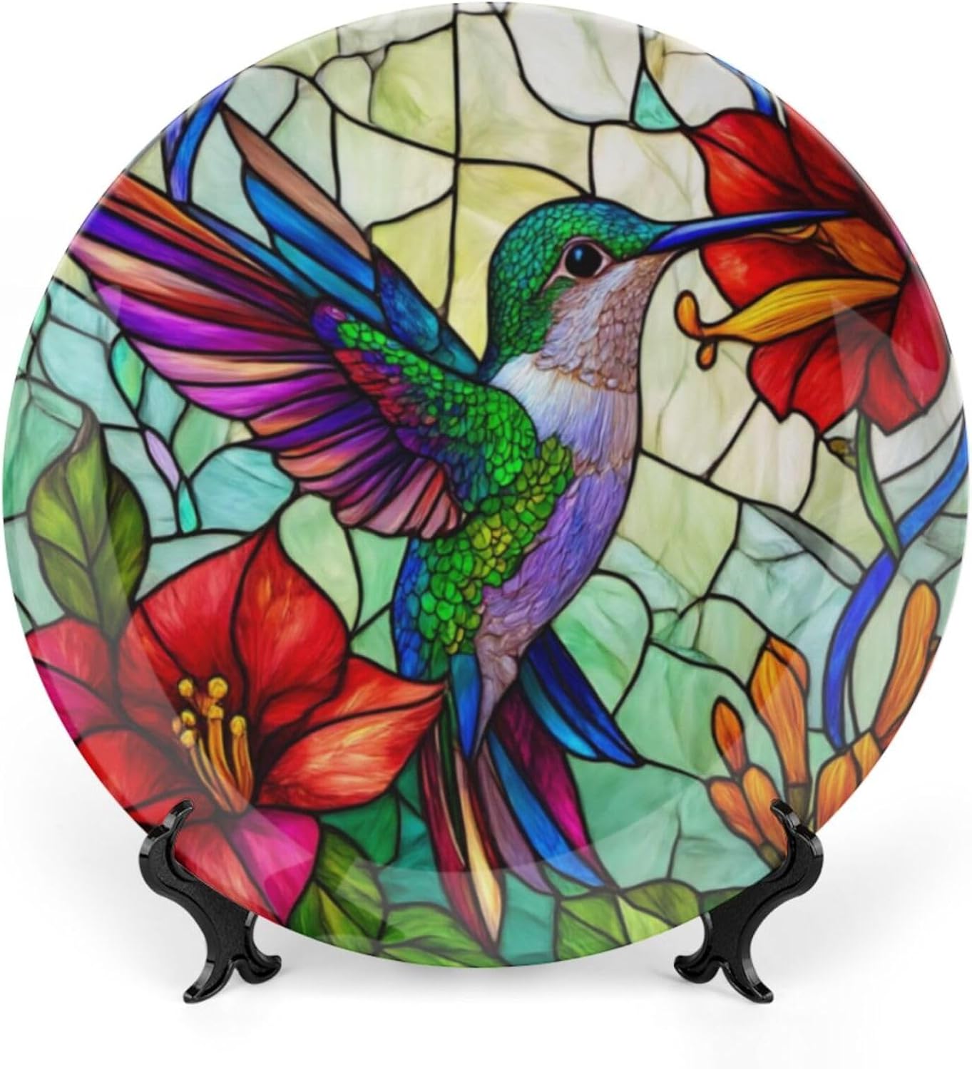 Hummingbird Theme Decorative Ceramic Plate Round Porcelain Plate,10 inch,Floral Stained Glass Pattern,for Decorative Ornaments Giving Plates,1 Plate with 1 Display Stand,Red Green