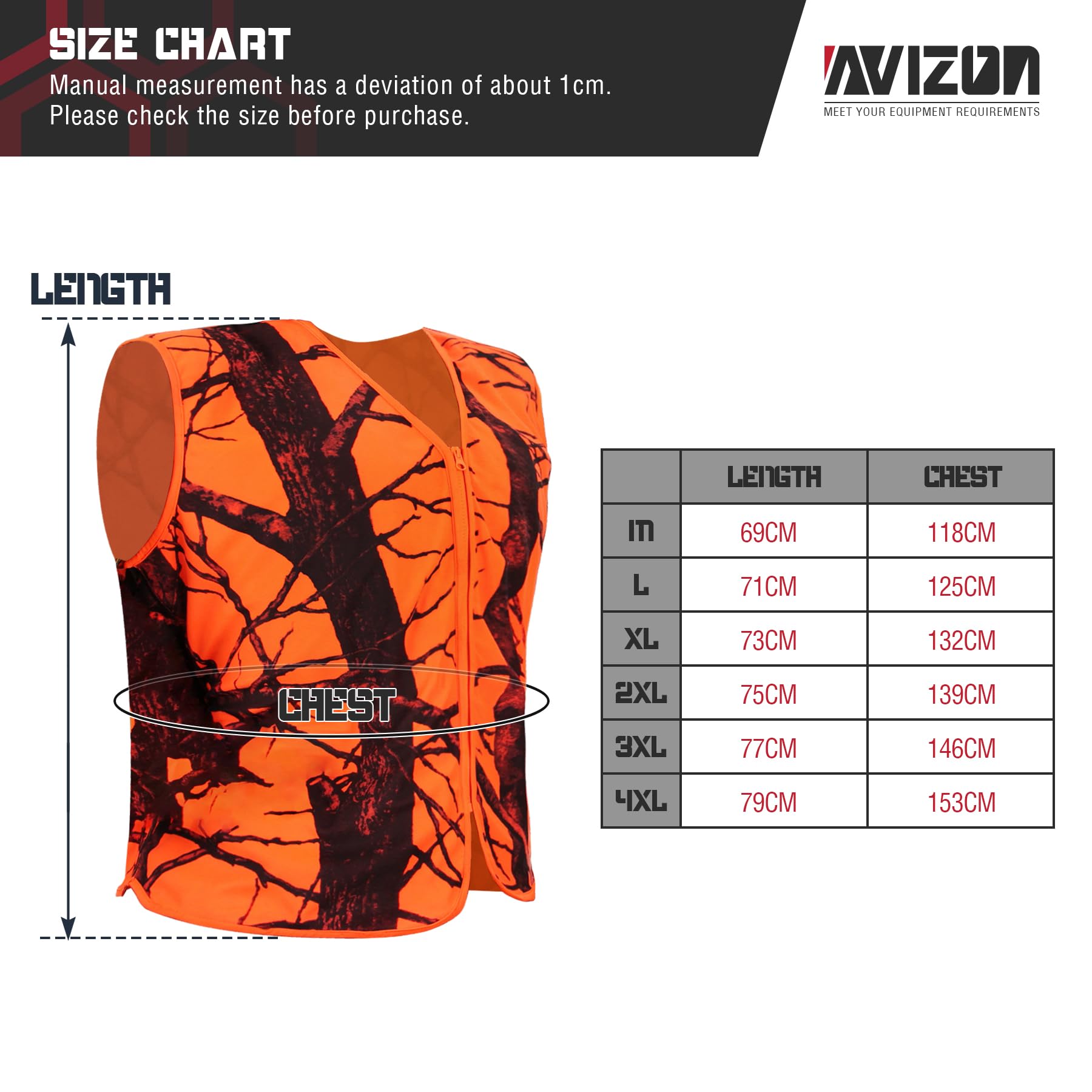 Avizon Gilet da caccia da uomo, colore arancione, mimetico, con cerniera, leggero