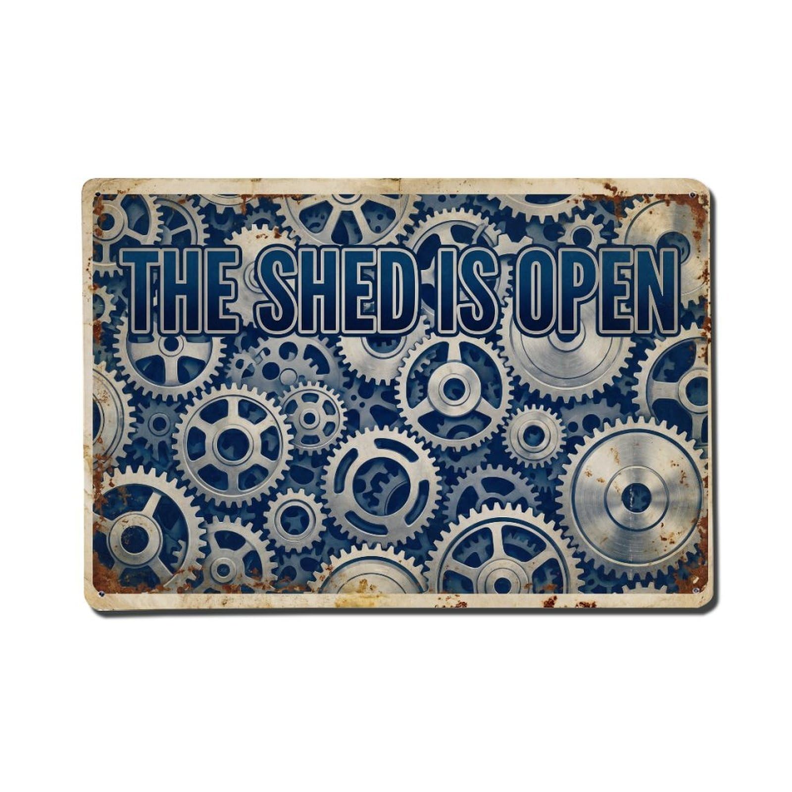 Mechanical Shed Open Gears Workshop Project Metal Tin Sign Plaque Wall Decor for Cafe, Man Cave, Club Bar, Office, Home Garden Round Metal Poster 8x12Inch