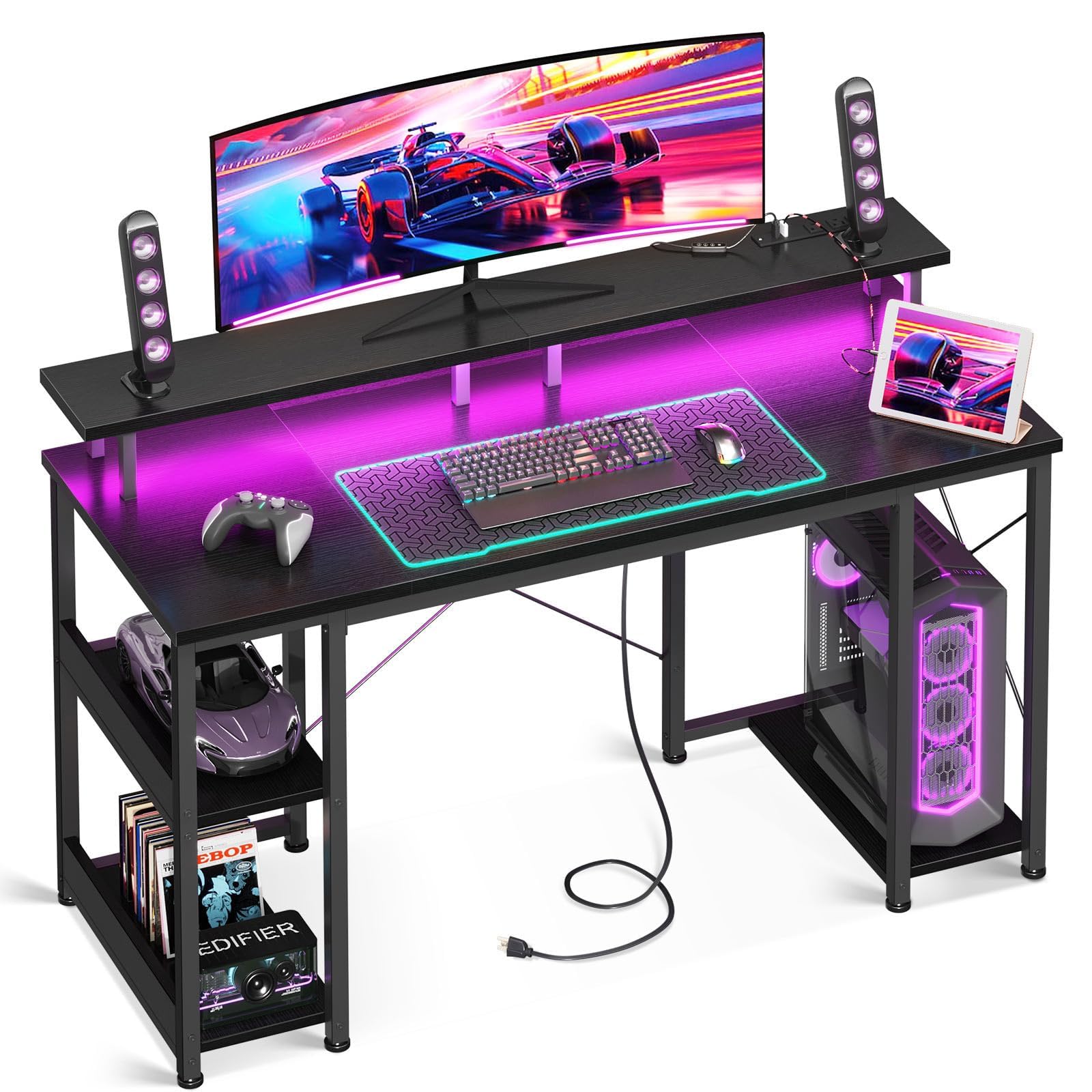 ODK Gaming Desk with RGB Light Strip & Built-in Socket, 10 Color Adjustable, Gaming Table with Monitor Stand, Office Table, 120 * 50 * 86.8cm,Black - Black