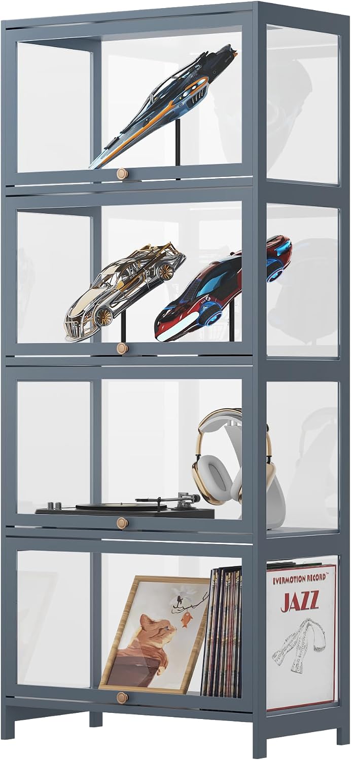 4-Tier Display Case Cabinet with Flip Acrylic Doors, 55" Tall Bamboo Bookcase, Curio Display Shelf for Collectibles, Figures, Toys and Books, Freestanding Organizer for Playroom Bedroom