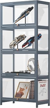 4-Tier Display Case Cabinet with Flip Acrylic Doors, 55" Tall Bamboo Bookcase, Curio Display Shelf for Collectibles, Figures, Toys and Books, Freestanding Organizer for Playroom Bedroom