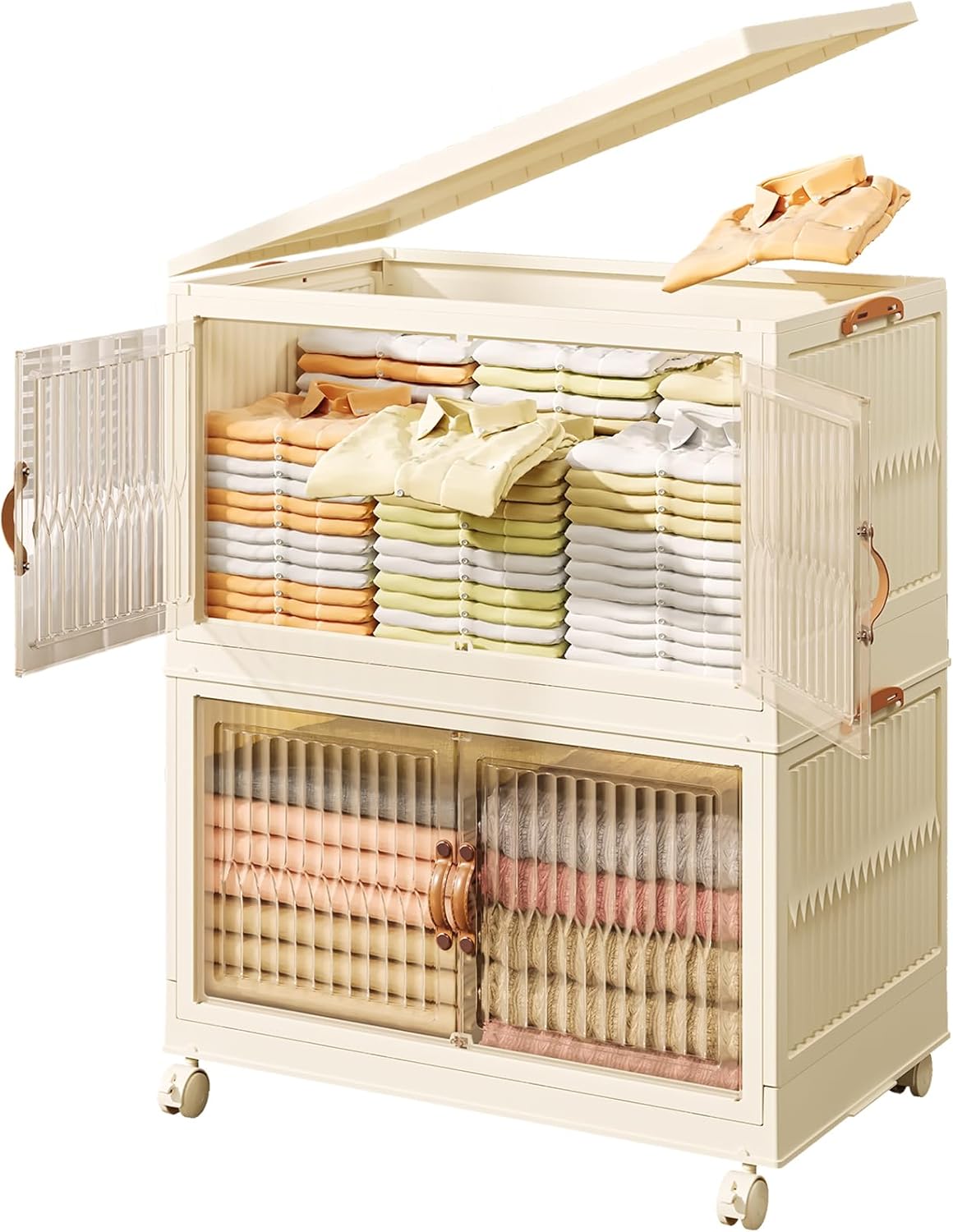 Stackable Storage Bins, Plastic Storage Bins with Wheels, Folding Storage Bins with Lids and Doors, Closet Organizers and Storage,25"x15.9"x14.6", 2tier,cream 25"x15.9"x14.6" 2-tier