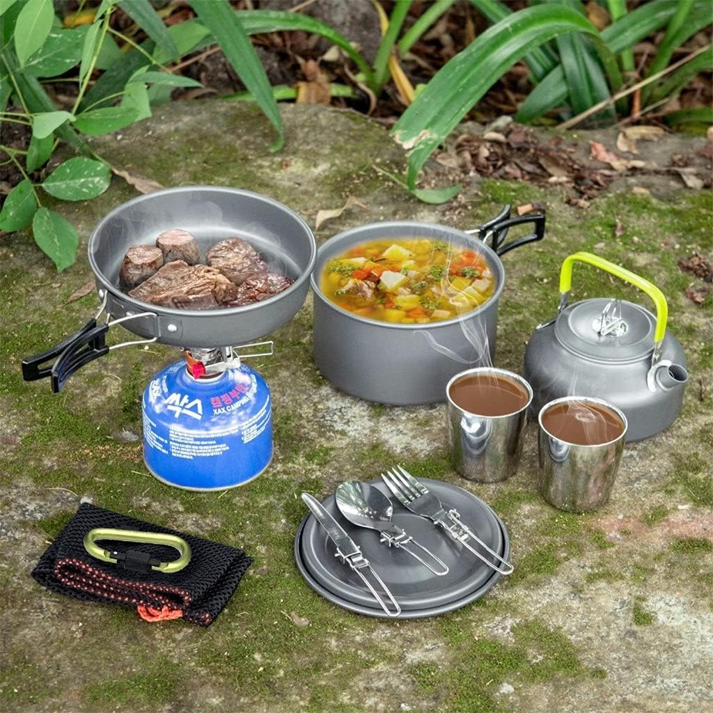 1 Set Outdoor Pots Pans Camping Cookware Picnic Cooking Set Non-Stick Tableware with Foldable Spoon Fork Kettle Cup