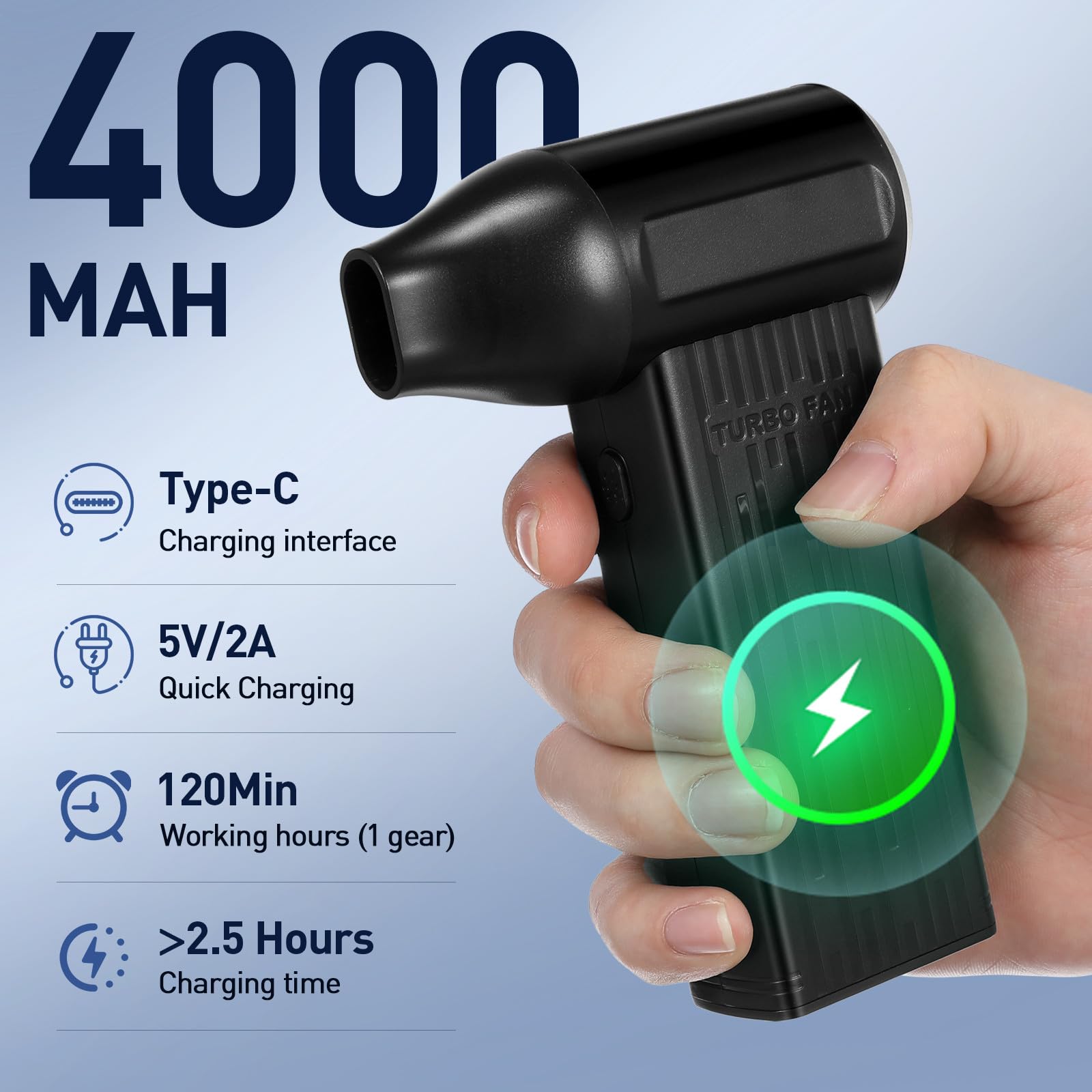 Cabilock Tragbares elektrisches Luftgebläse, kabellos, Handgebläse, leistungsstarker Luftstaubwedel zum Trocknen von Autos, Autopflege, Heimgebrauch