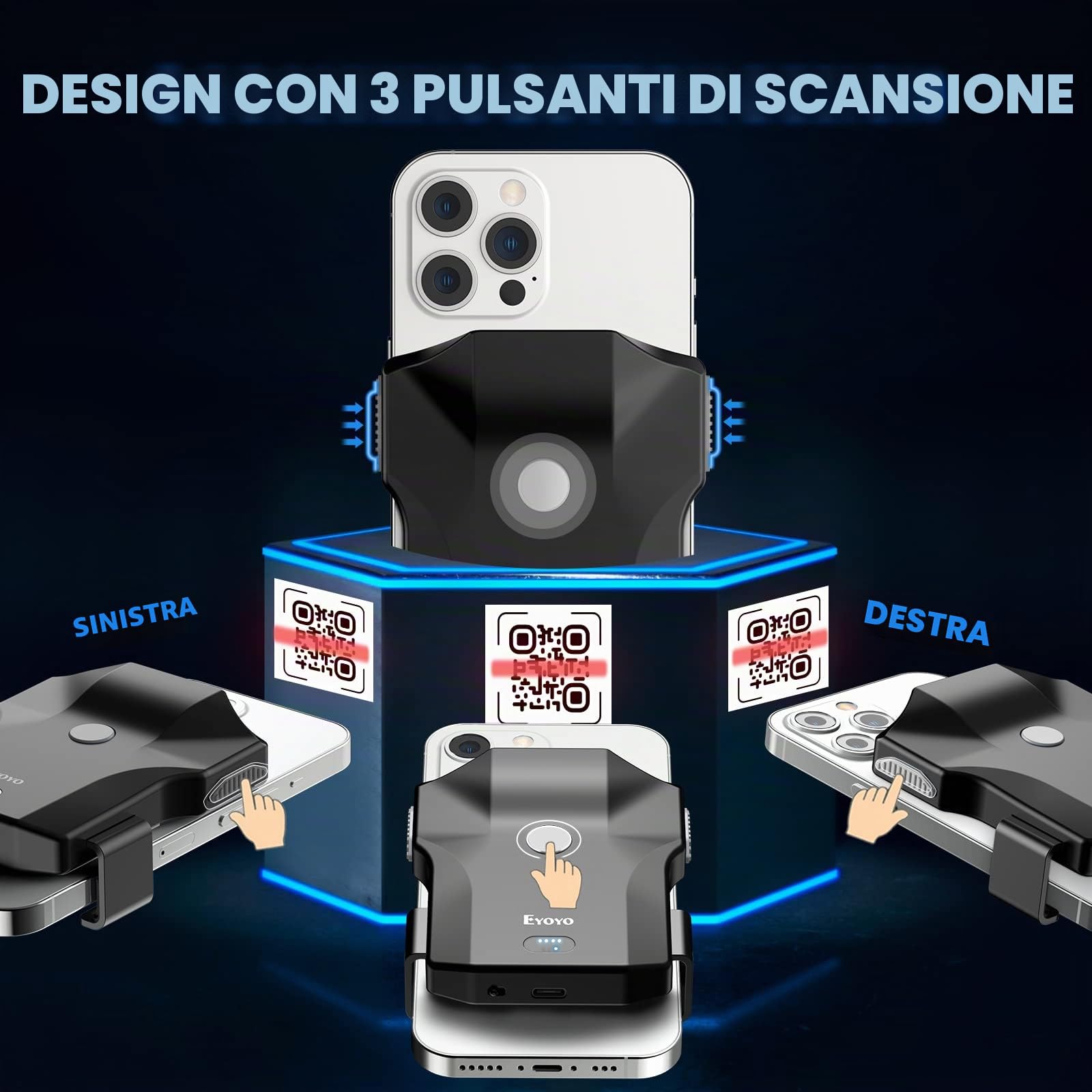 Eyoyo Bluetooth QR Code Scanner di codici a barre, 2D Wireless Back Clip Phone UPC USB Barcode Scanner Reader con indicatore di livello della batteria compatibile con 4.7"-7.2" Android Phone, iPhone
