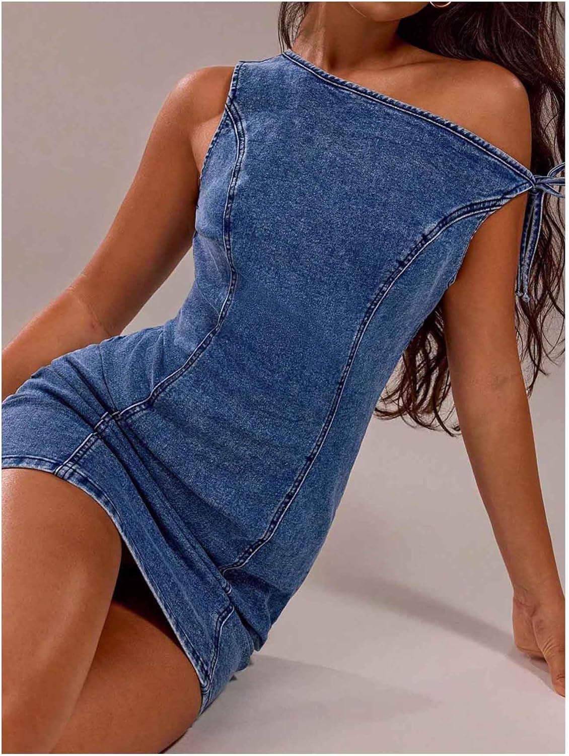 Floerns Women's Asymmetrical Neck Knot Denim Dress Party Bodycon Mini Jean Dresses - Image 5