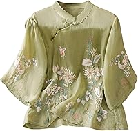 Women's Cotton Linen 3/4 Sleeve Embroidered Mandarin Collar Blouse - Chinese Traditional Button-Down Summer Top