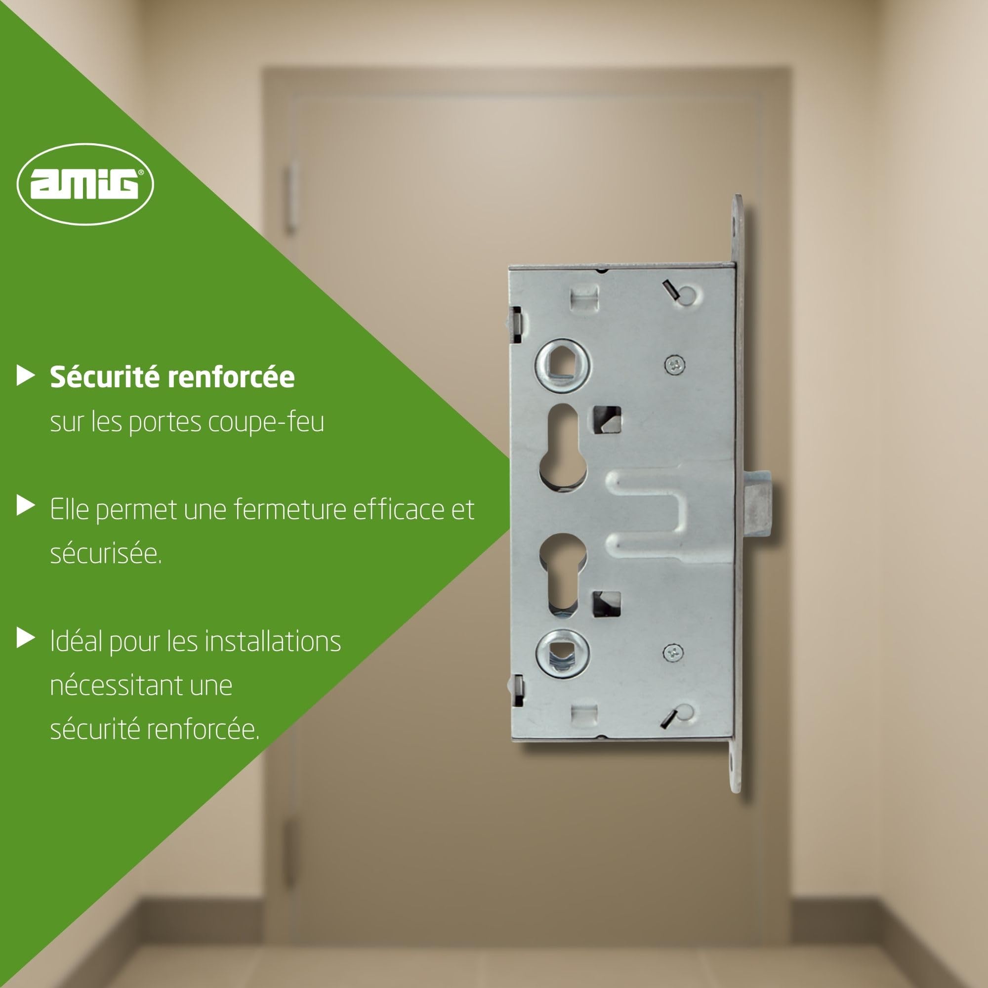 Amig – Serrure homologuée pour portes coupe‑feu Mod. 6572 – 65 x 72 mm – Double fouillot et logement pour cylindre – Acier inoxydable mat – Certifiée et sans fonction anti‑panique