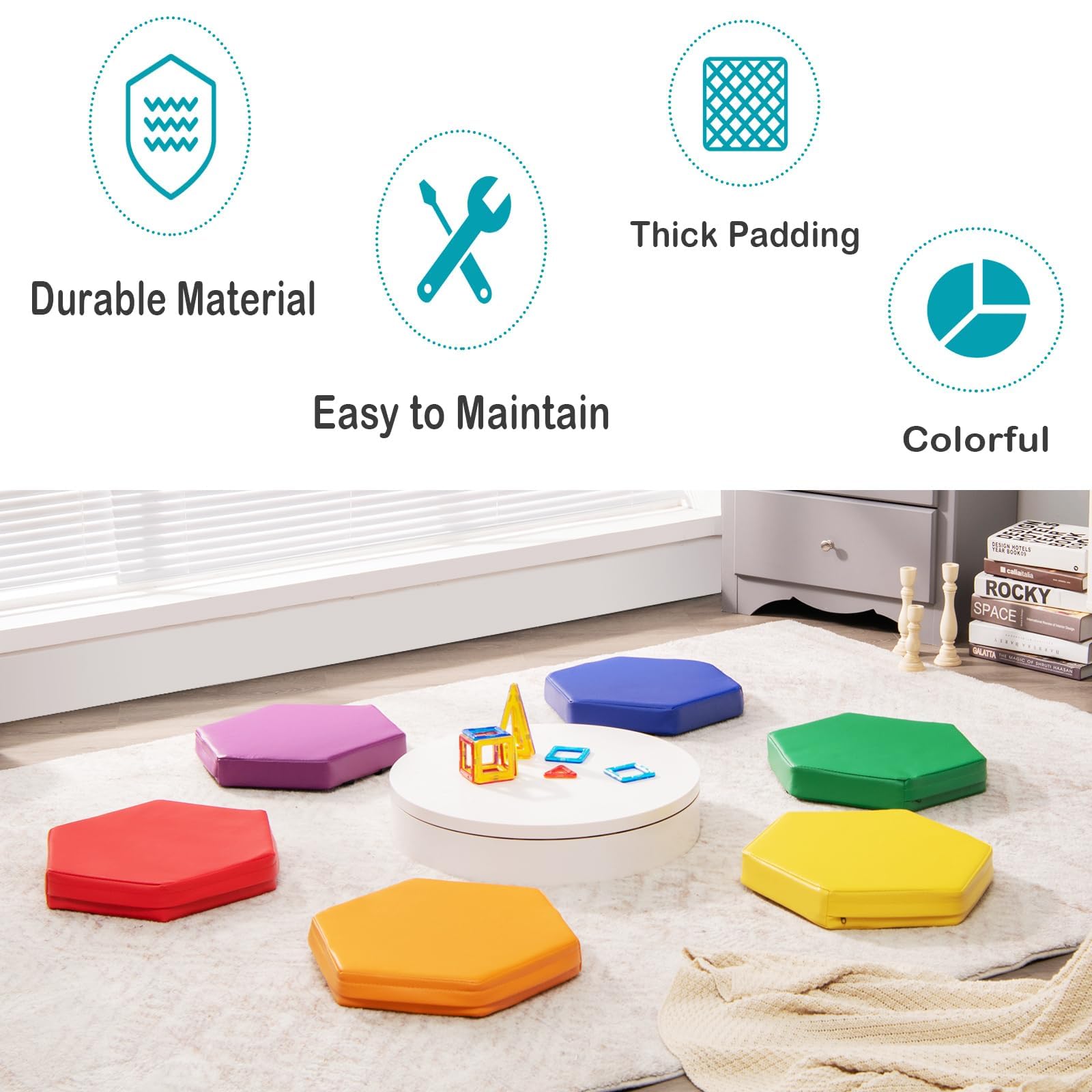 LIFEZEAL Lot 6 Coussins de Chaises pour Enfants, Galette de Chaise en Mousse et PU, Futon de Sol Adulte Empilable Multicoloré avec Poignée, 38x34x5 CM, Intérieur et Extérieur