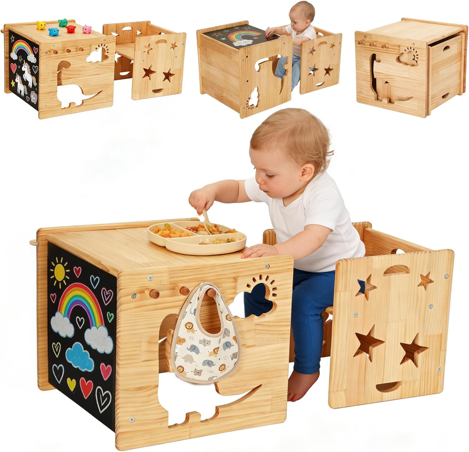 Montessori Weaning Table and Chair Set, 1-3 Year Old Kids Table and Chairs with Blackboard, Wooden Toddler Table and Chair Set Storage Hooks, Puzzle Storage Boards, for Dining, Sketching, and Reading