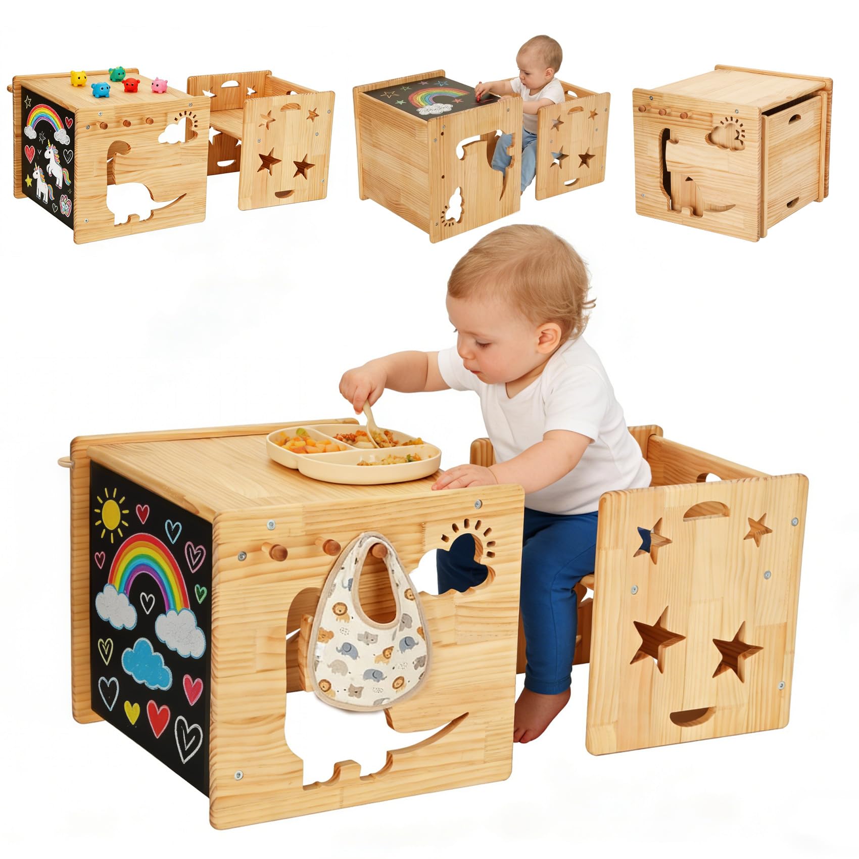 Photo 1 of Montessori Weaning Table and Chair Set, 1-3 Year Old Kids Table and Chairs with Blackboard, Wooden Toddler Table and Chair Set Storage Hooks, Puzzle Storage Boards, for Dining, Sketching, and Reading