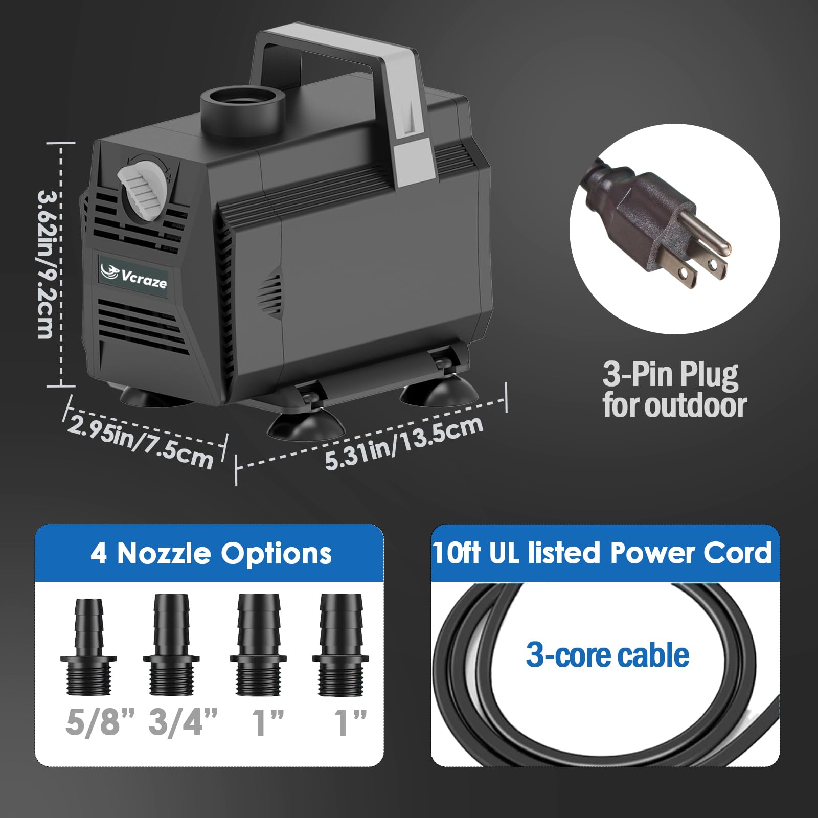 Bomba de agua sumergible de 600 GPH/35 W, bombas de fuente con control de flujo, bomba de estanque sumergible para exteriores con cable de alimentación de 3 núcleos de 10 pies para hidroponía,