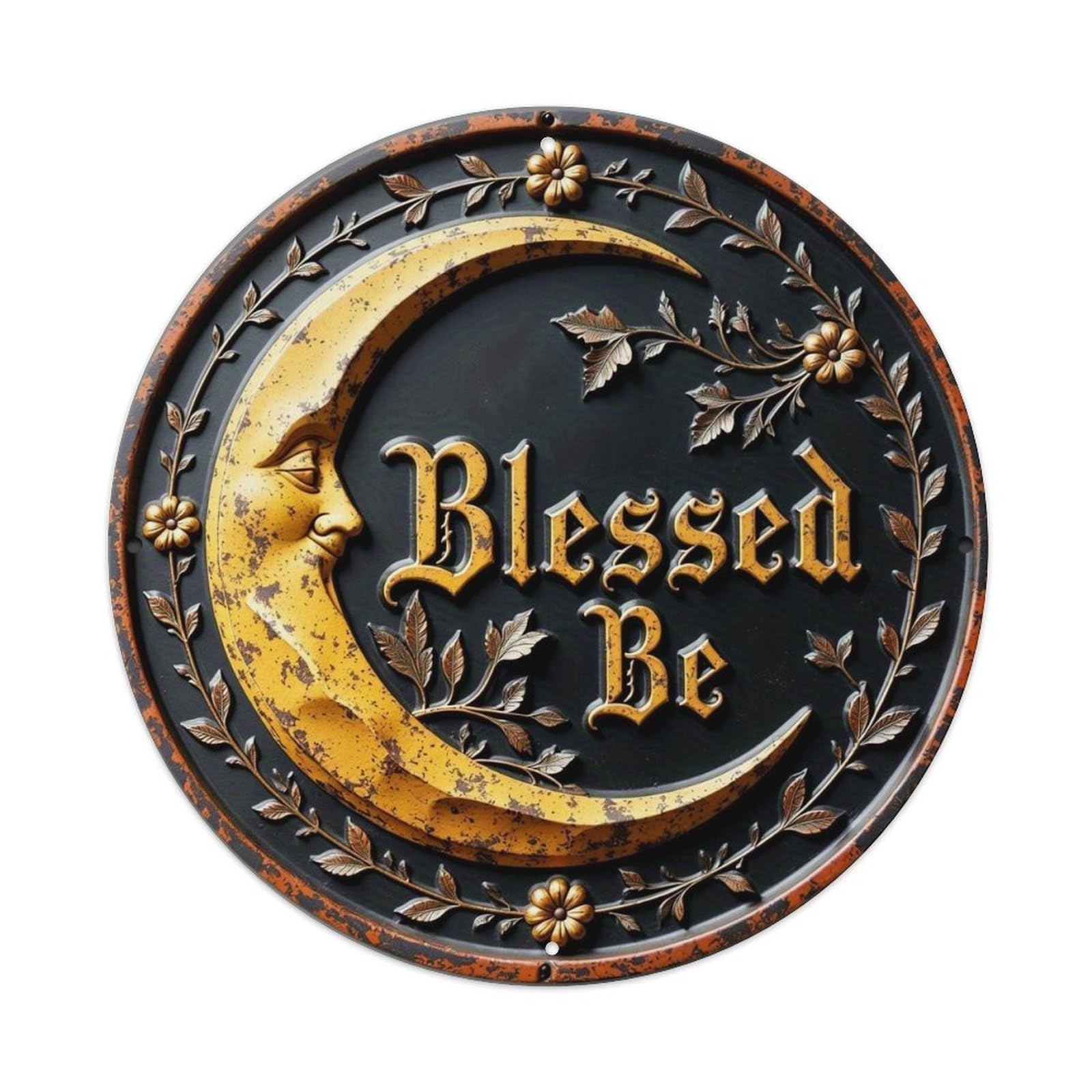 Crescent Moon Floral Wreath Text Vintage Round Tin Sign Retro Metal Wall Decor Metal Poster, Home Bar Garage Cafe Wall Art Decoration 8x8Inches