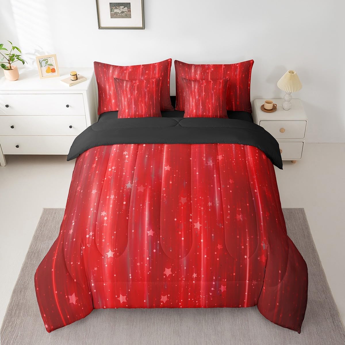 Erosebridal Gradient Red Queen Comforter Set 7-Piece Modern Ombre Bedding Comforter Sets, Abstract Glowing Bed in a Bag Twinkle Stars Bedding Set, Neon Aesthetic Bed Sheets Set for Kids