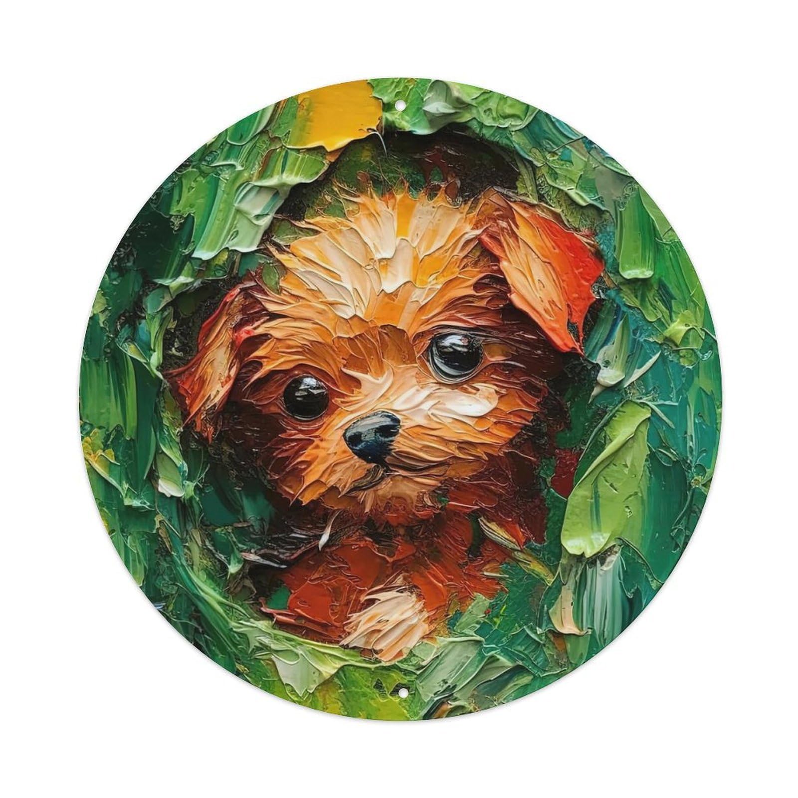 Visual Oil Painting Art Cute Teacup Dog Vintage Metal Tin Sign Plaque Wall Decor for Cafe, Club, Garden Round Metal Poster 8x8Inch