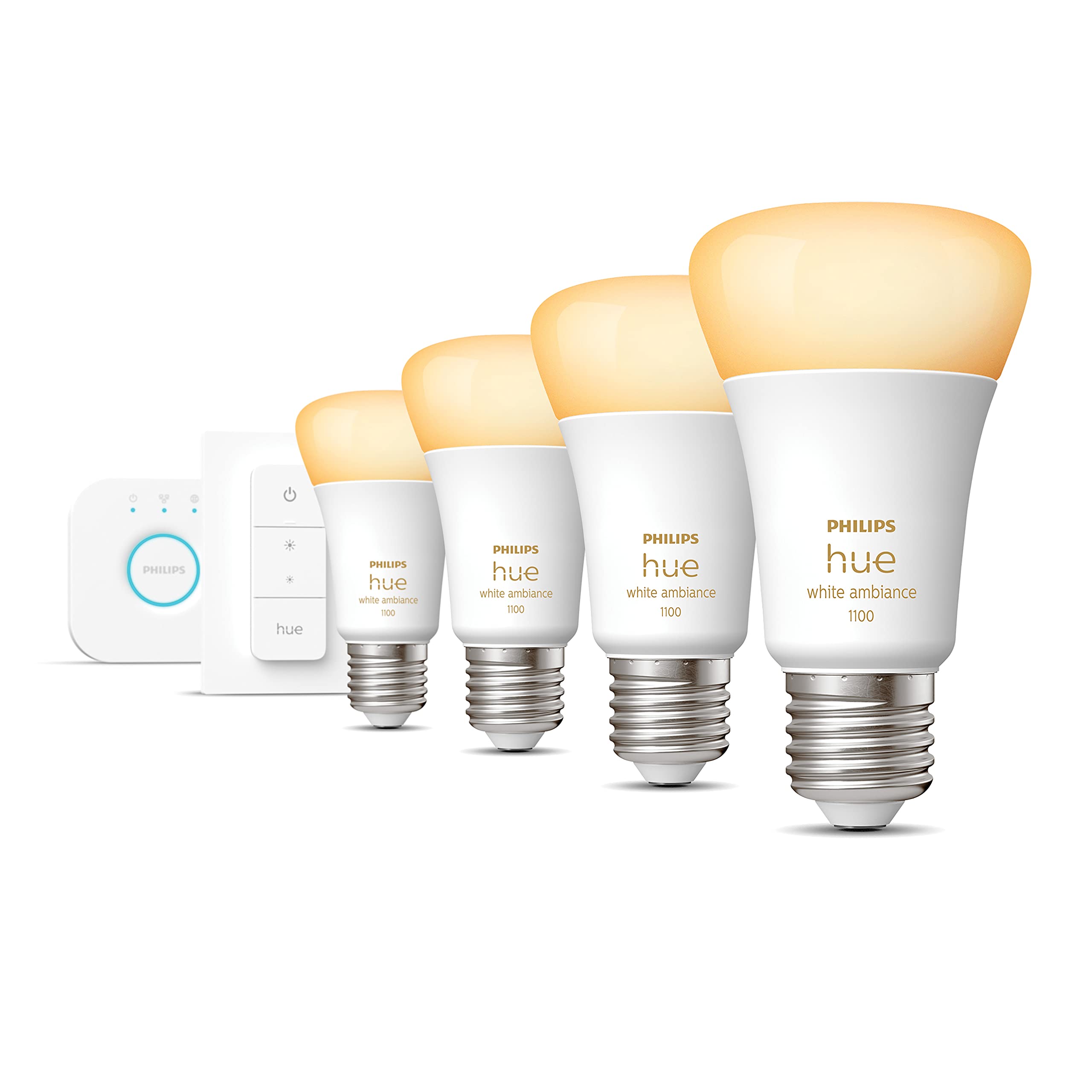 Philips Hue Starterpaket - E27 - mit 4 Standard Lampen - Warm bis Kaltweißes Licht - inkl. 1 Hue Bridge, 1 Hue Dimmschalter - Hue White Ambiance
