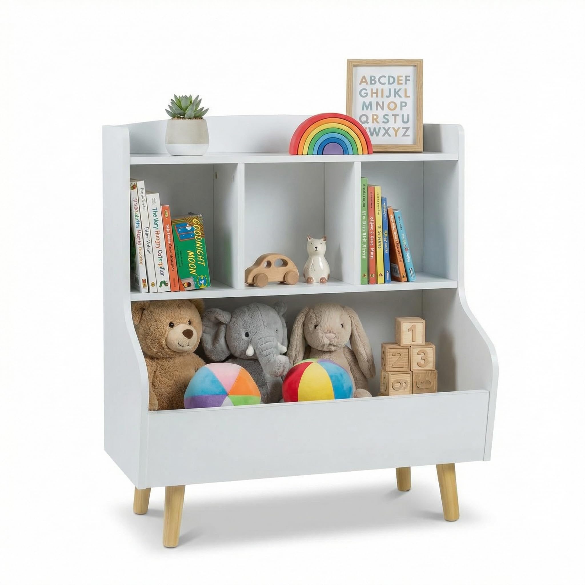 Estantería para niños con Almacenamiento de Juguetes - Biblioteca para niños, estantería de 3 Niveles con Patas, 5 Compartimentos para habitación de niños y de bebé, Blanca