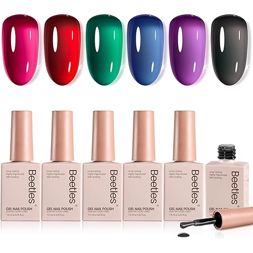 Beetles Jelly Gel Nail Polish Set - Jelly Magic Gel Polish, 6 Colors Pink Red Black Blue Green Purple Halloween Fall Gel Polish Kit Sheer Translucent Effect Soak Off UV Manicure DIY Gift for Women
