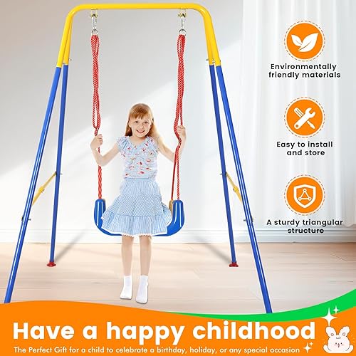 Miniatura 5 de Juego de columpio 3 en 1 para niños pequeños, soporte de silla hamaca con marco en A de metal, marco plegable para columpio, fácil de montar y