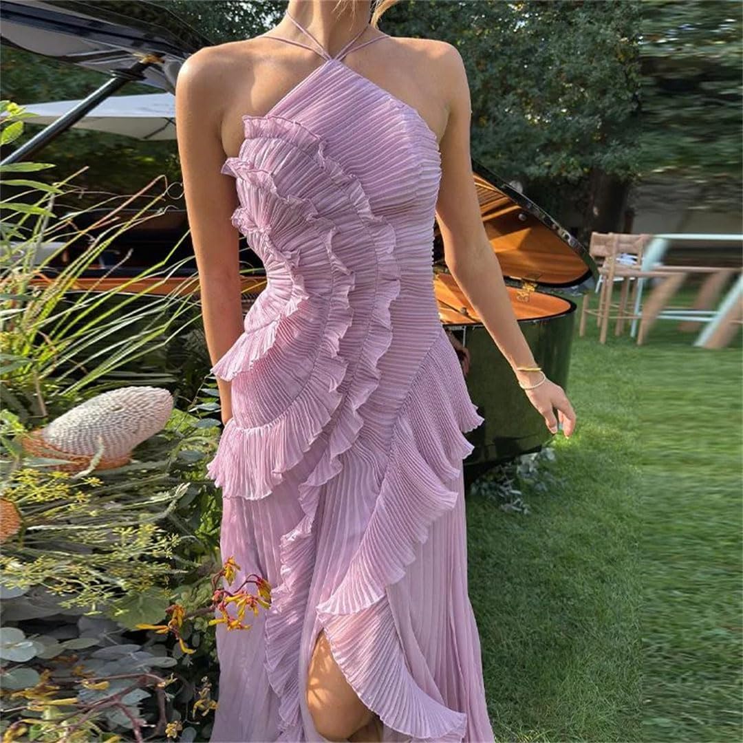 Women Ruffle Pleated Sleeveless Irregular Tiered Chiffon Wedding Guest Long Dress