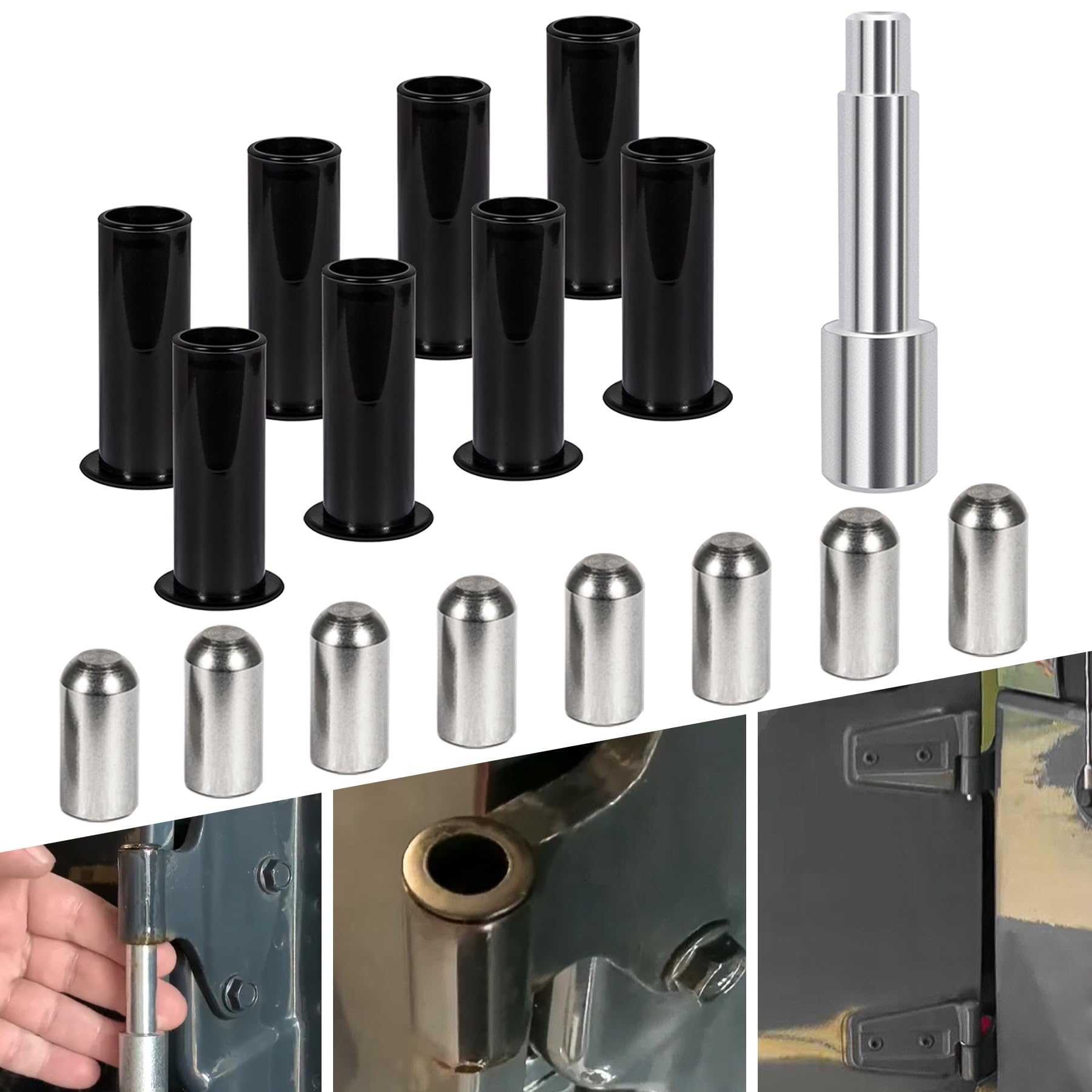 Door Pin Guides + Door Hinge Liners + Door Bushing Removal Tool Compatible with Jeep Wrangler JK JKU JL JLU Sports Sahara Freedom Unlimited Gladiator 2/4-Door 2007-2024 Stainless Steel (17 PCS)