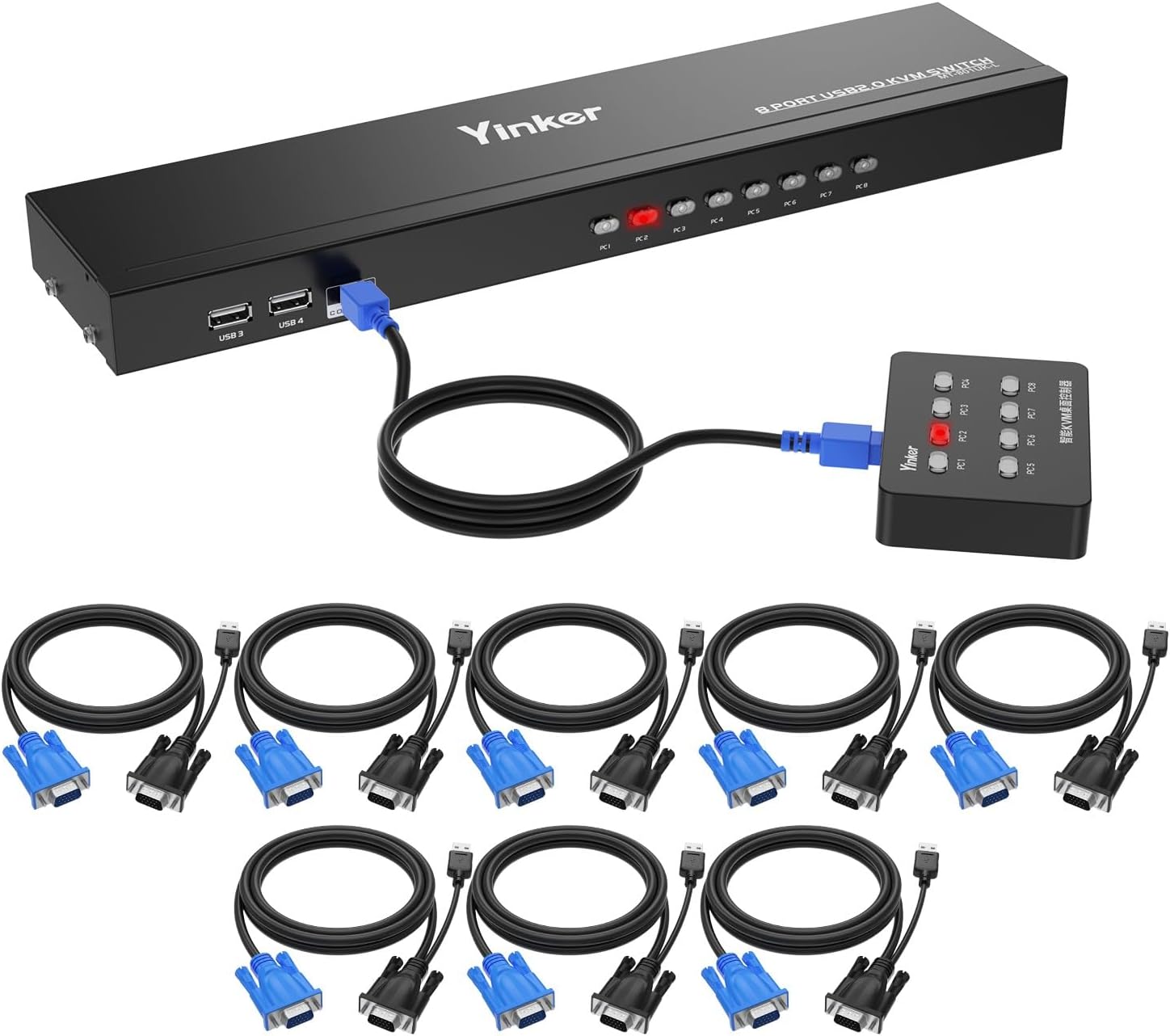 8-Port KVM Switch, VGA, PC Switch, For 8 Devices (Includes 8 Dedicated Cables + Wired Remote Control), Built-in USB Hub, Compatible with 19-Inch Rack