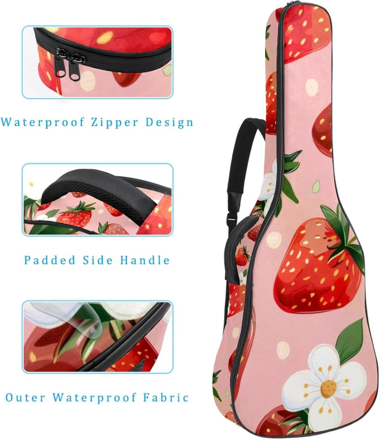Acoustic Guitar Bag, 40 41 42 Inch Guitar Case Cover Soft Guitar Gig Bag for Acoustic Electric Bass Classical Guitar, Strawberries and Cute Flower Pink Background
